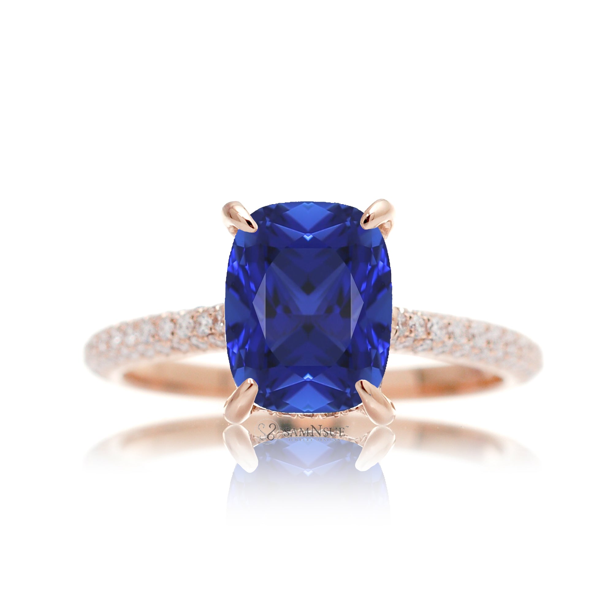 Cushion Cut Blue Sapphire Ring with Diamond Triple Band