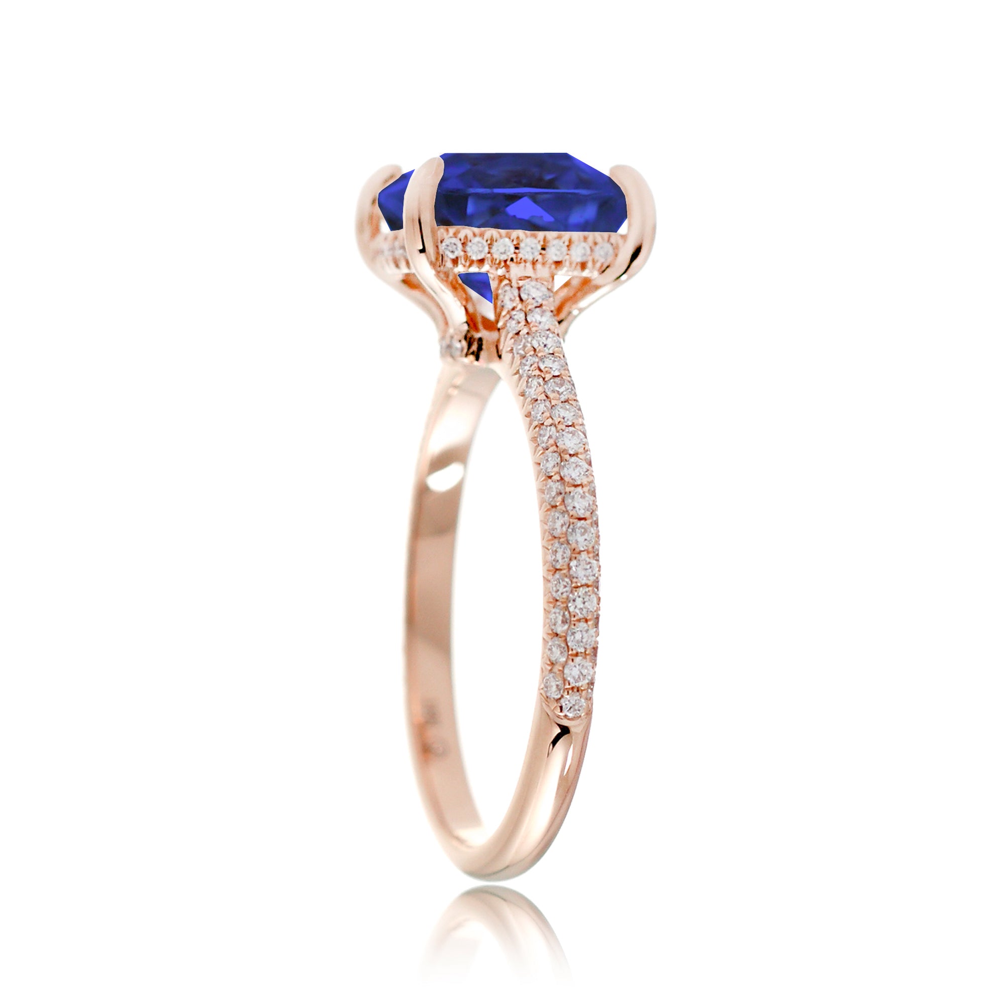Cushion Cut Blue Sapphire Ring with Diamond Triple Band