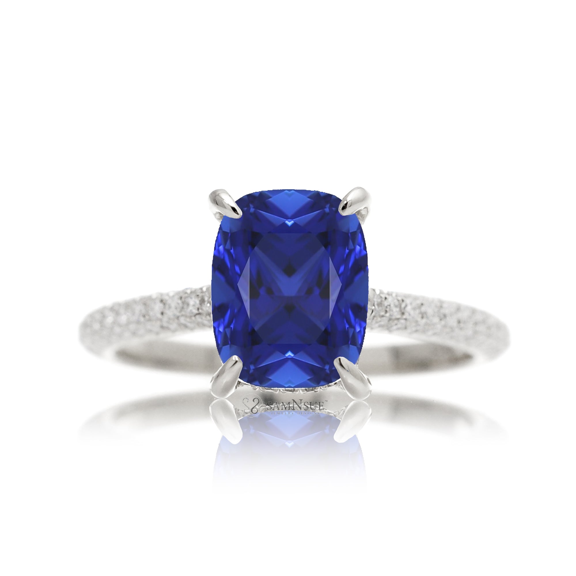 Blue Sapphire Engagement Ring with Cushion Cut and Diamond Accents
