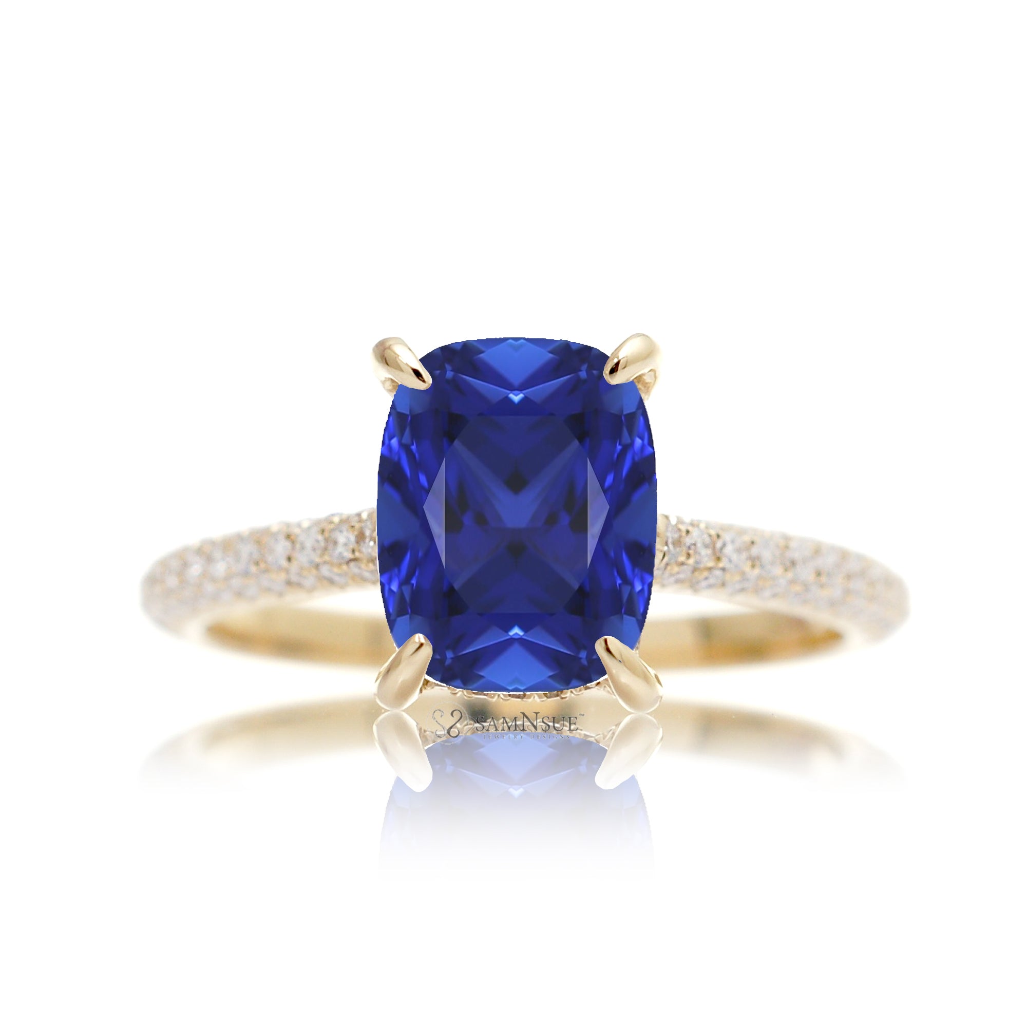 Cushion Blue Sapphire and Diamond Accent Ring – 3 Row Setting