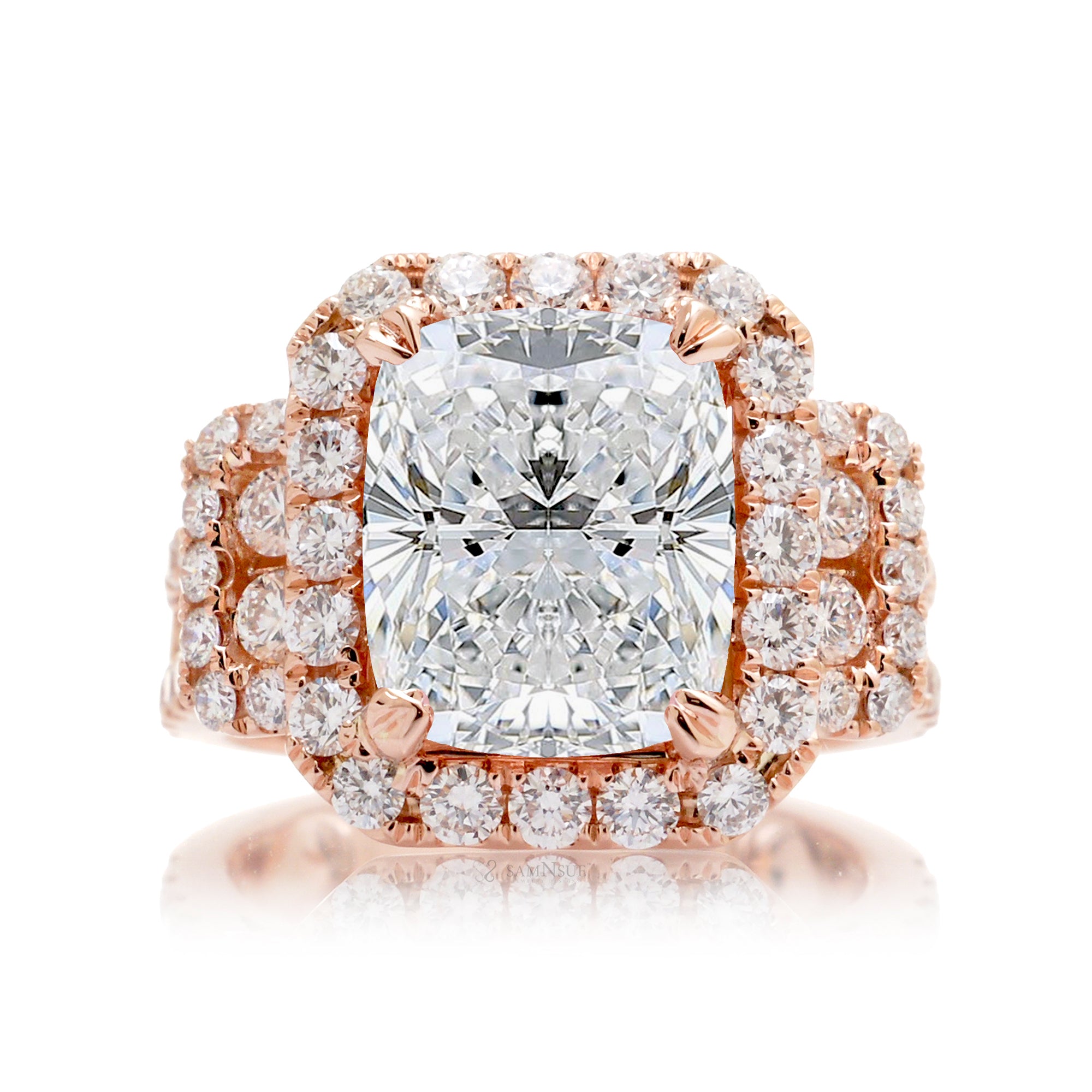 Rose Gold Cushion Diamond Halo Ring with Triple Diamond Band