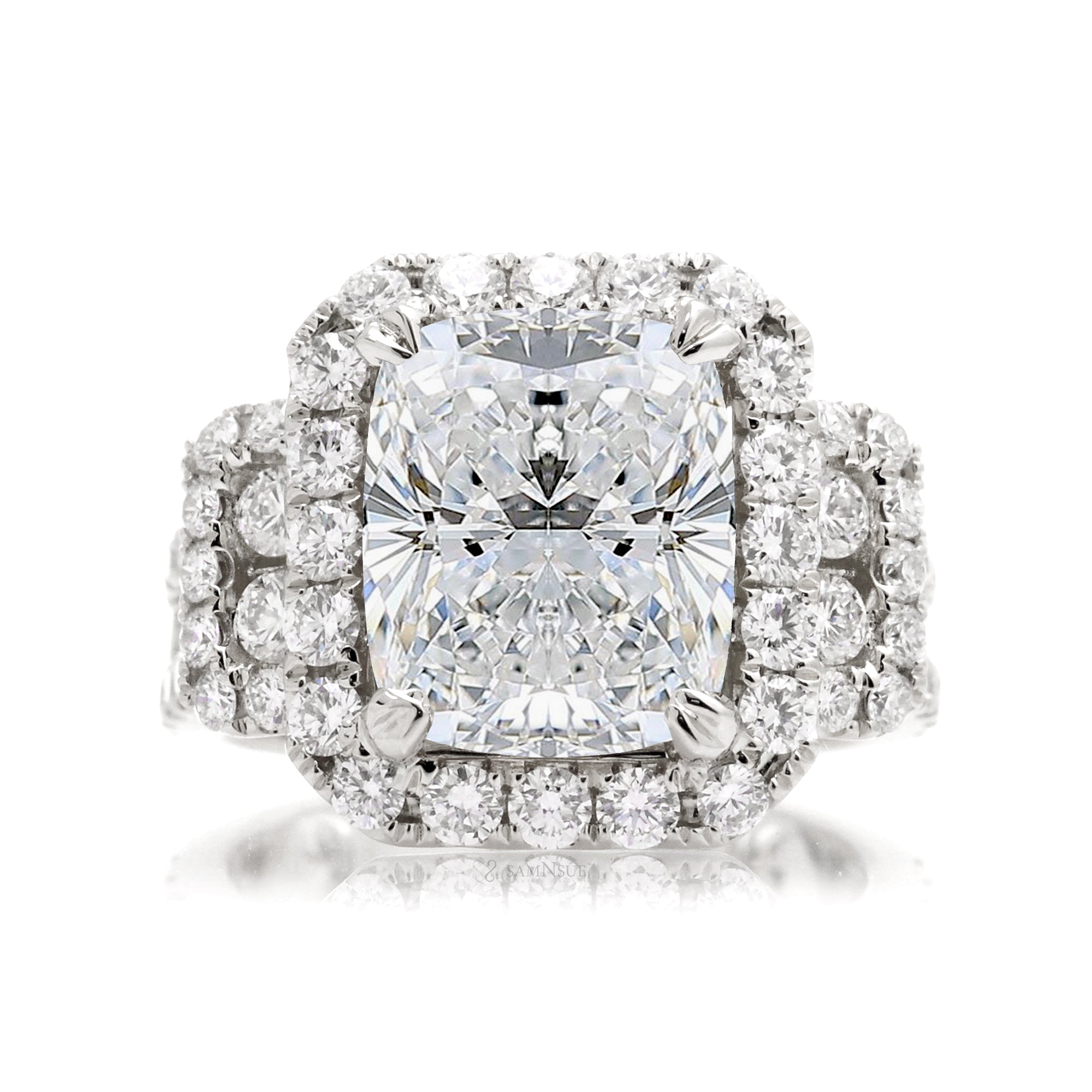 White Gold Cushion Cut Diamond Engagement Ring with Halo and Side Diamonds