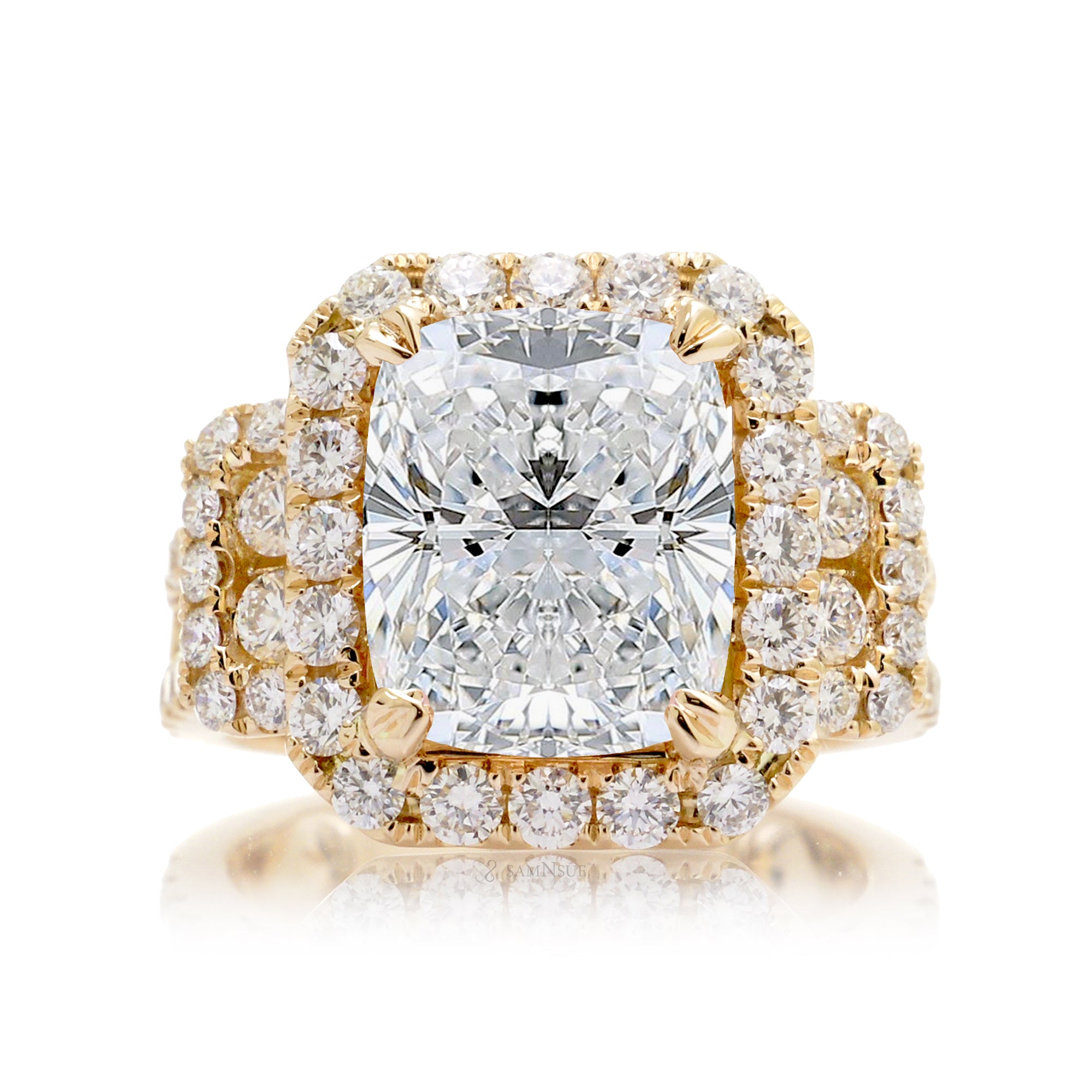 Yellow Gold Cushion Diamond Engagement Ring with Pave Diamond Accents