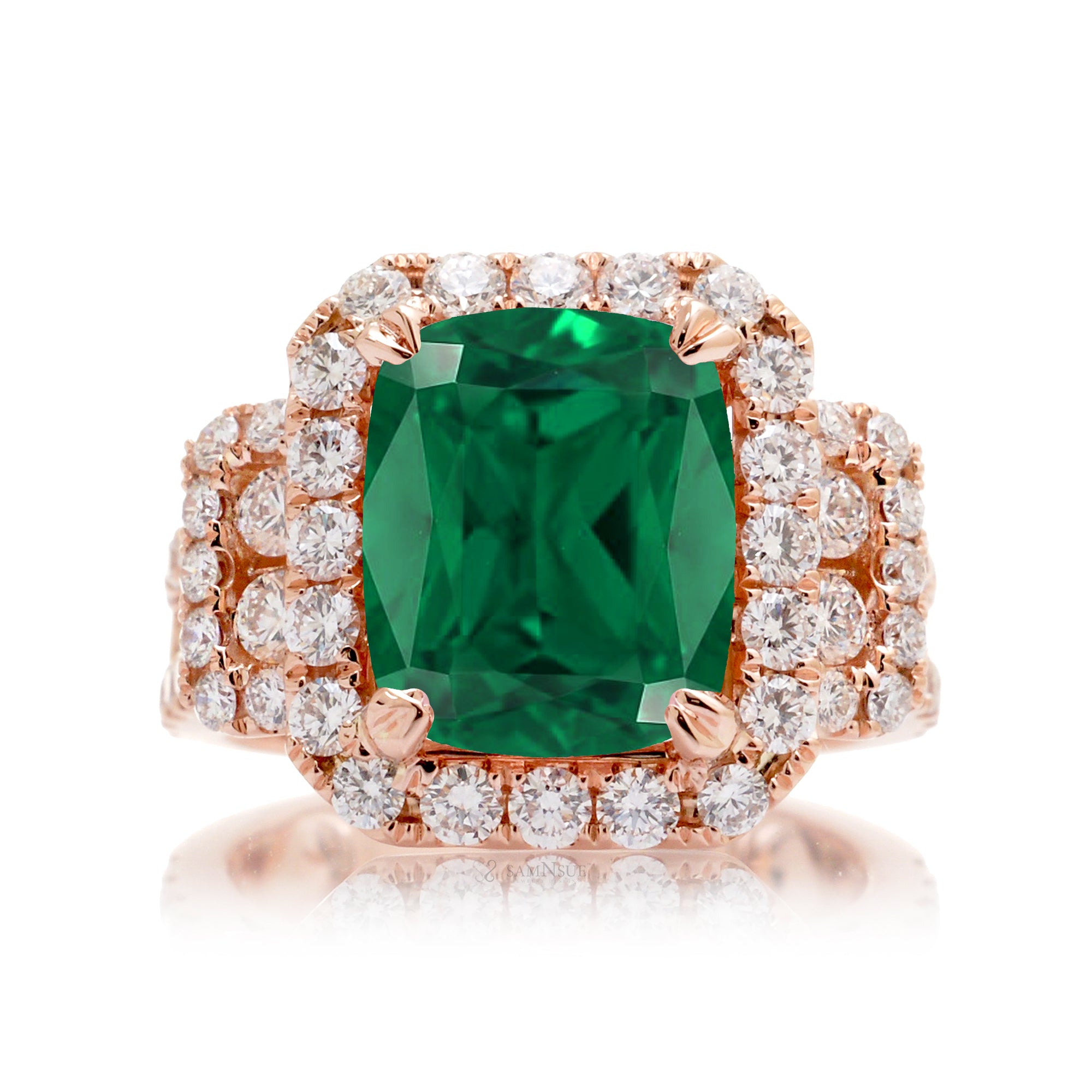 Rose Gold Cushion Emerald Ring with Diamond Accents and Triple Row Band