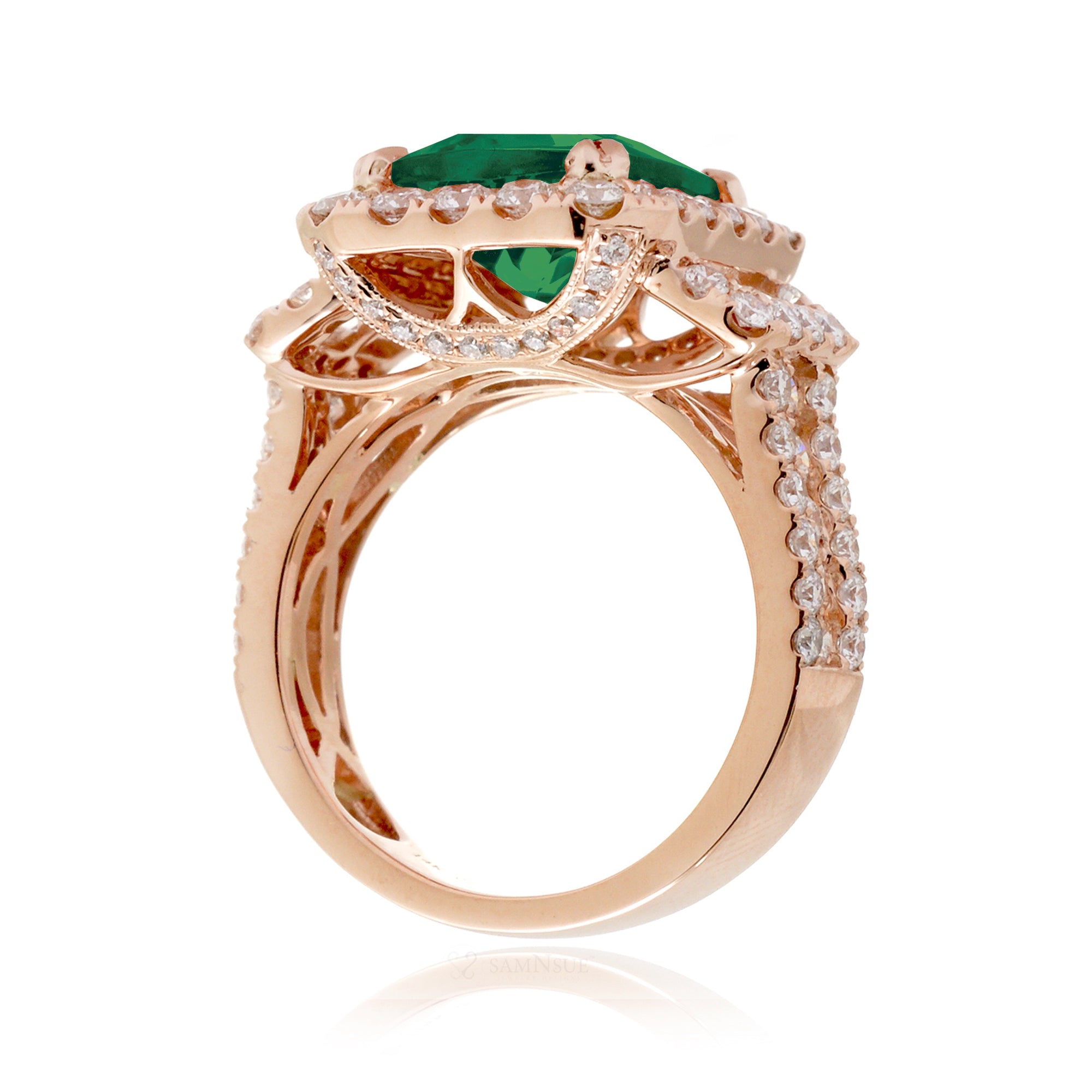 Rose Gold Cushion Emerald Ring with Diamond Accents and Triple Row Band