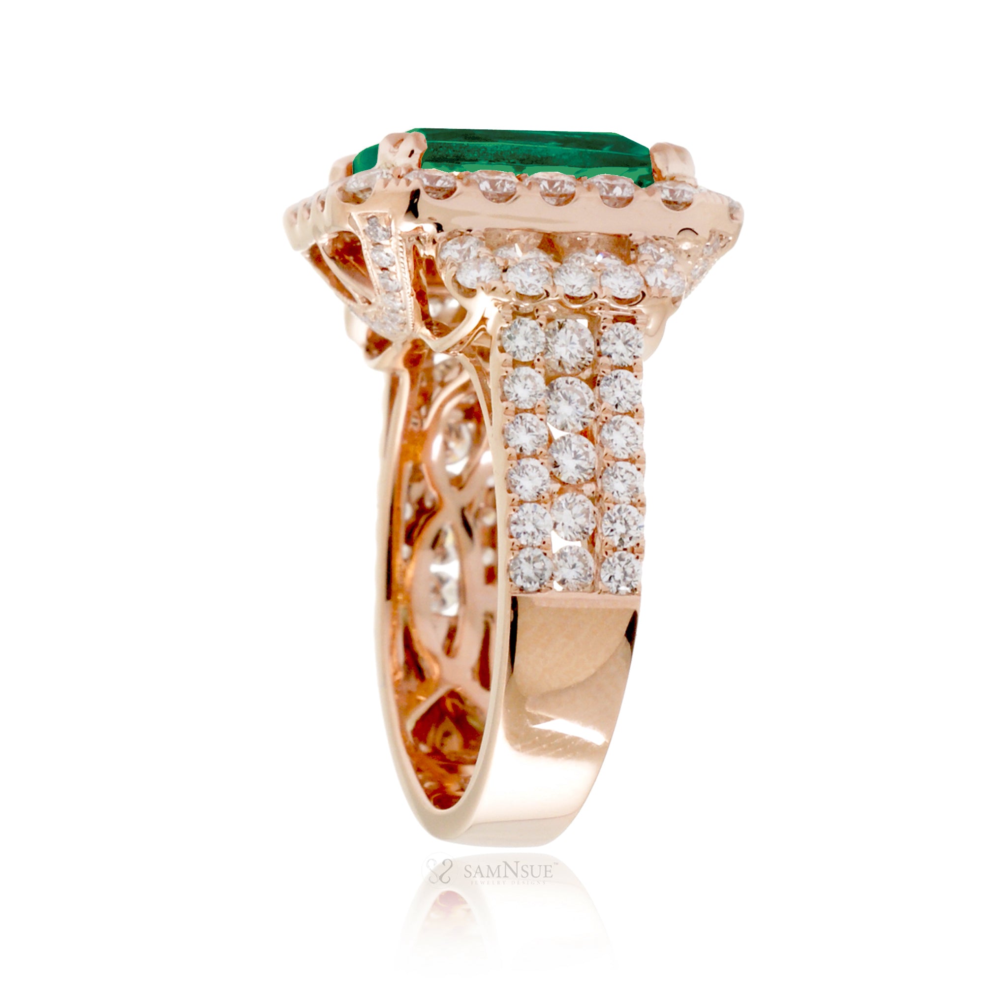 Rose Gold Cushion Emerald Ring with Diamond Accents and Triple Row Band
