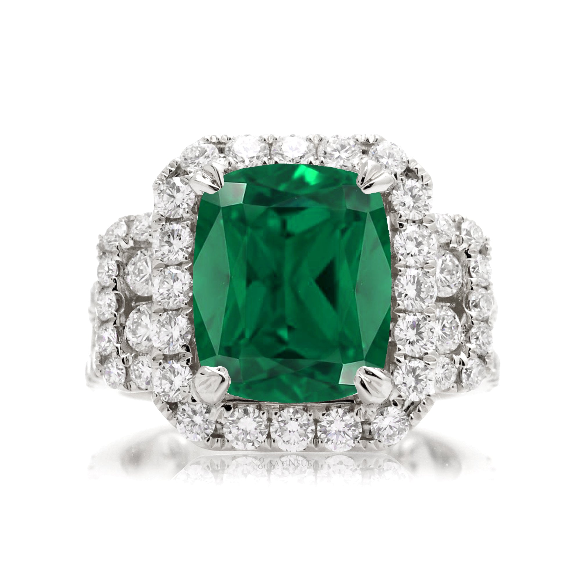 White Gold Cushion Cut Emerald Engagement Ring with Halo and Diamond Band