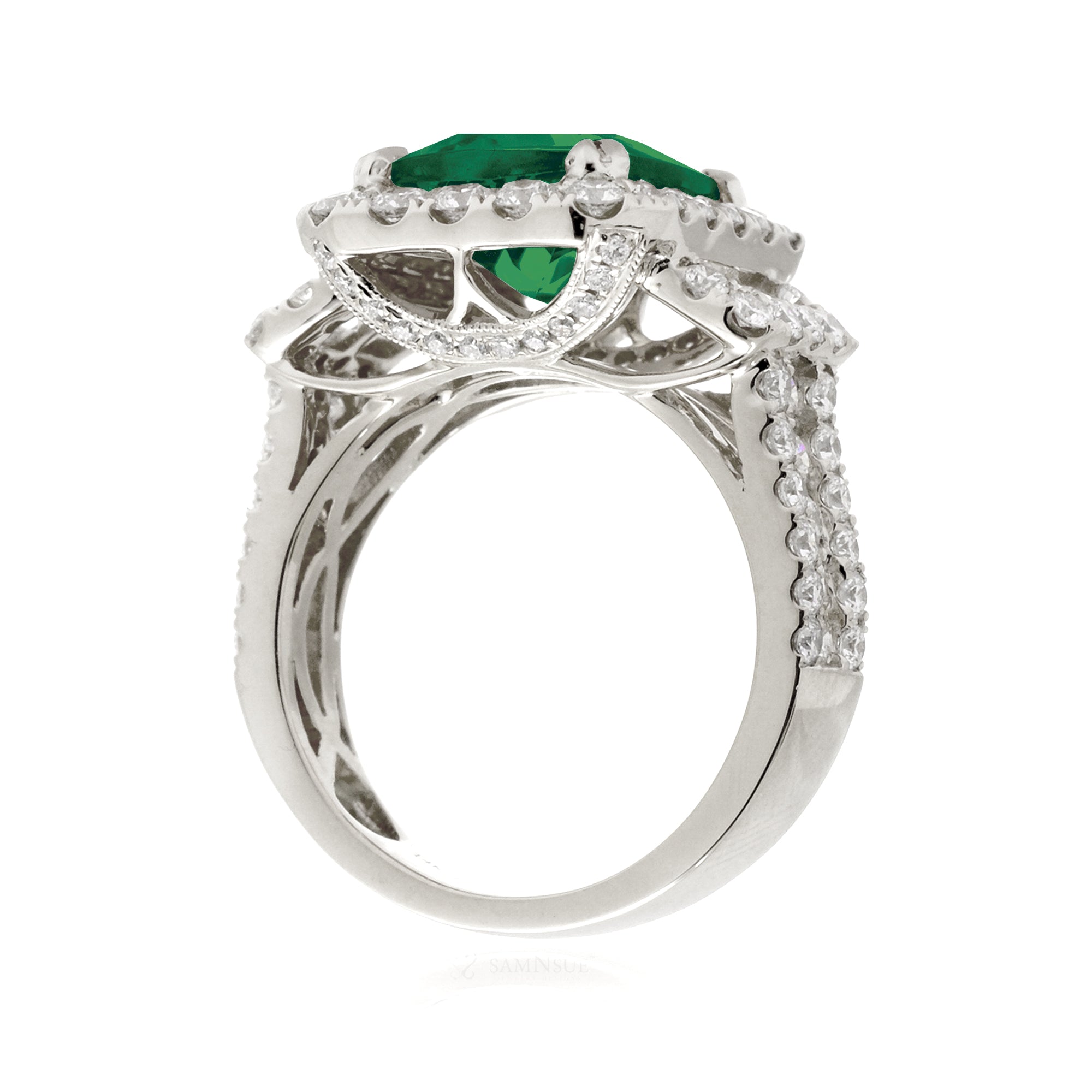 White Gold Cushion Cut Emerald Engagement Ring with Halo and Diamond Band
