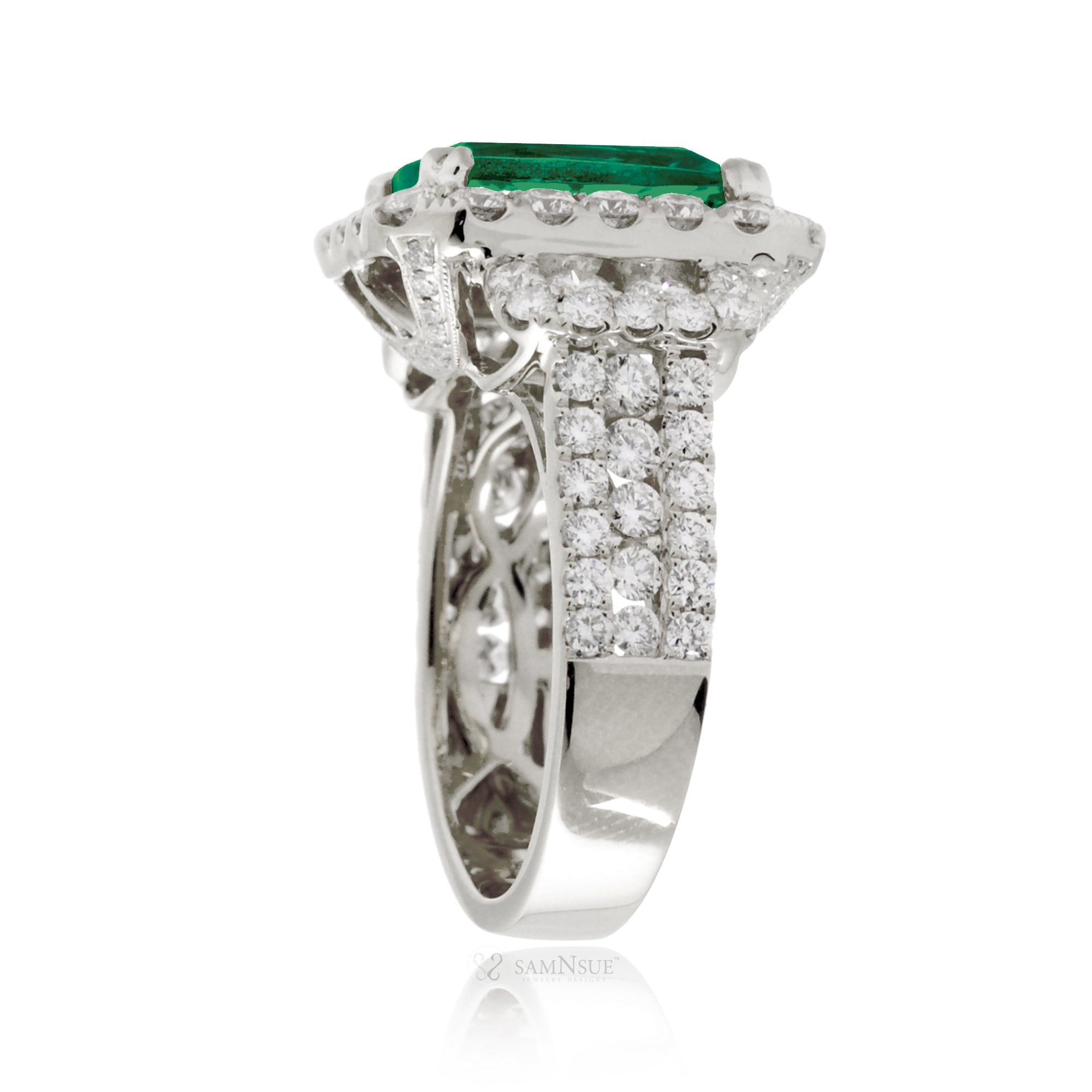 White Gold Cushion Cut Emerald Engagement Ring with Halo and Diamond Band