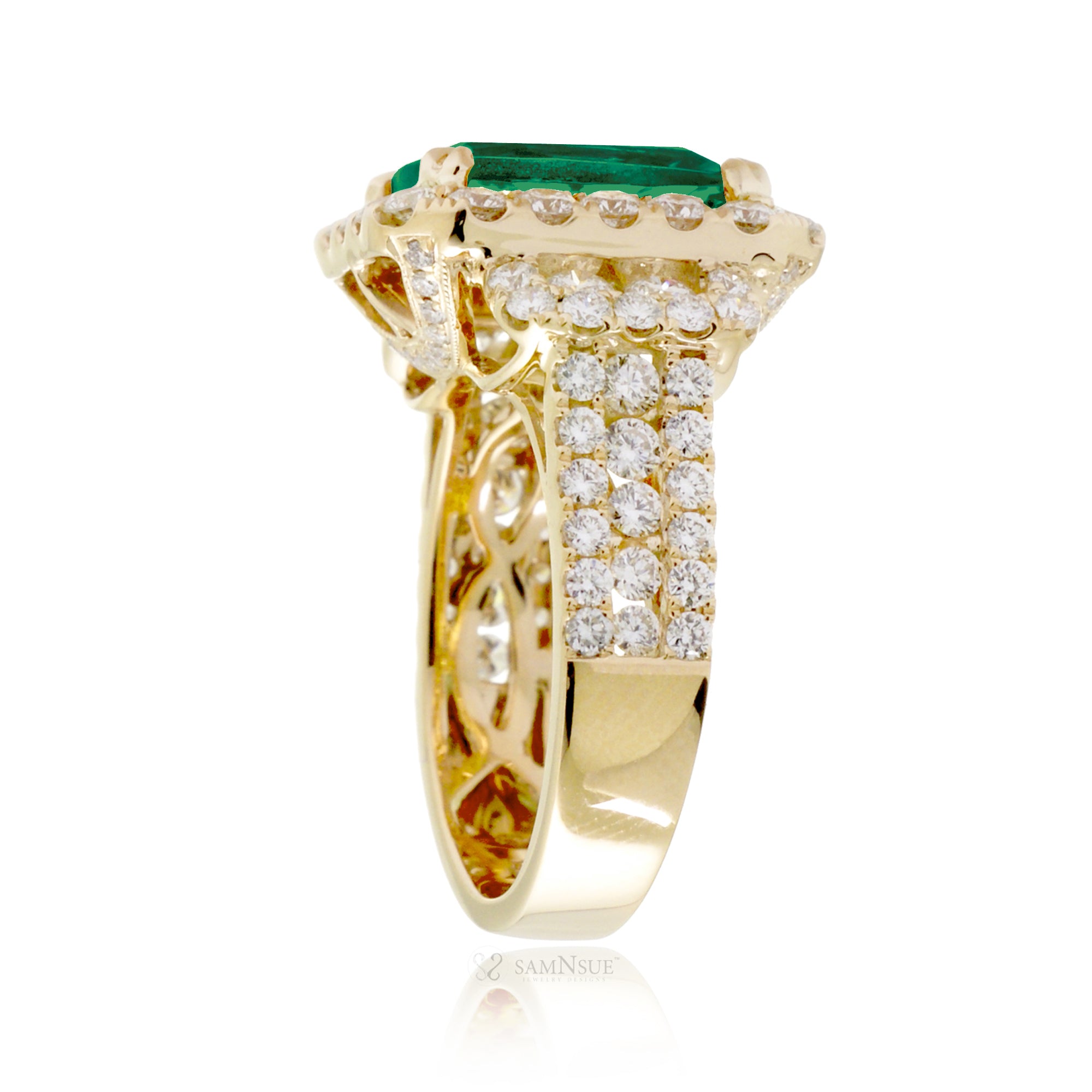Yellow Gold Emerald Cushion Ring with Halo and Sparkling Diamond Setting
