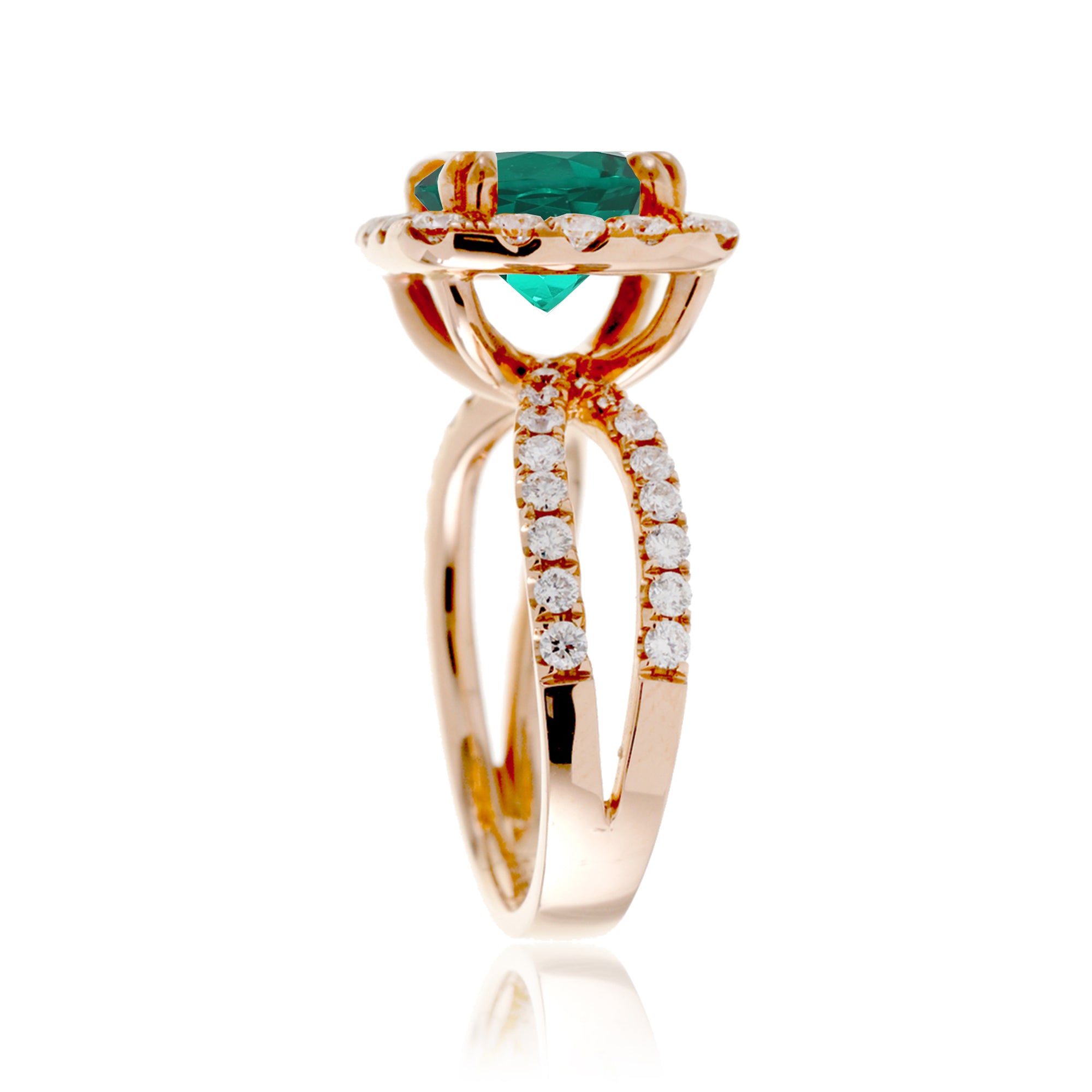 Cushion cut emerald diamond halo and split band in rose gold