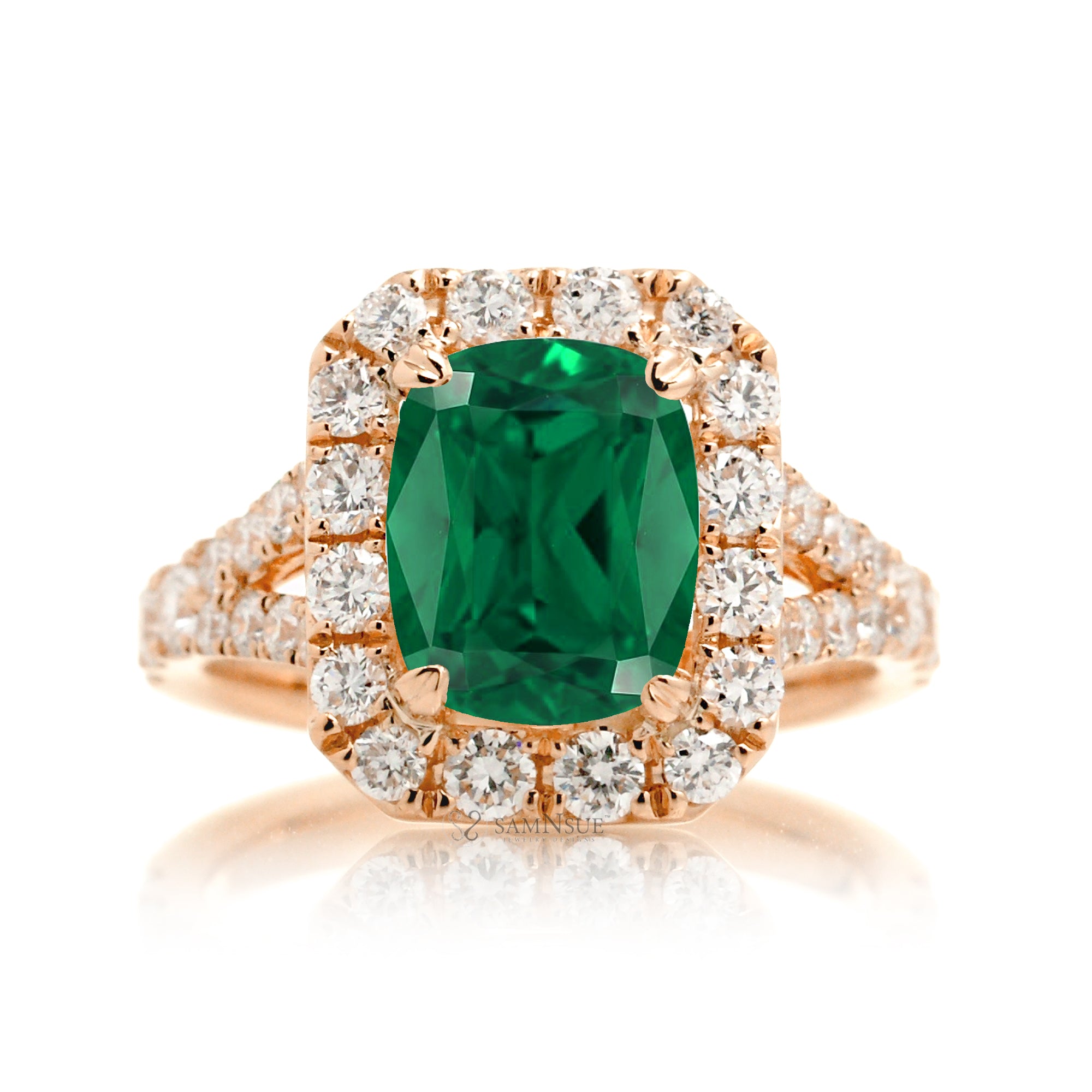 Emerald Halo Engagement Ring with Split Shank – The Meghan in Rose Gold