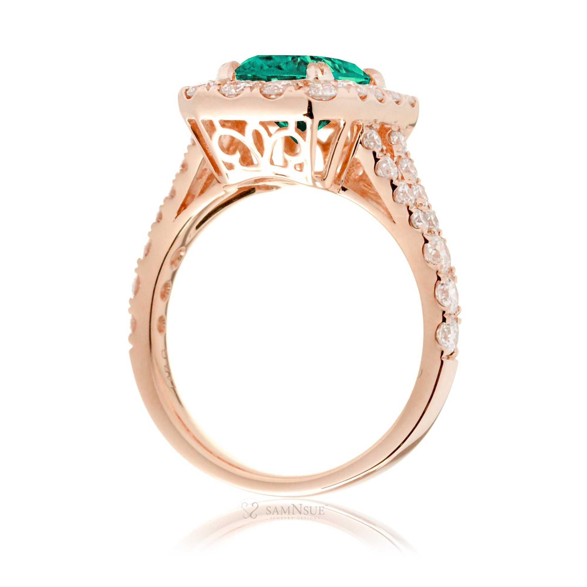Emerald Halo Engagement Ring with Split Shank – The Meghan in Rose Gold