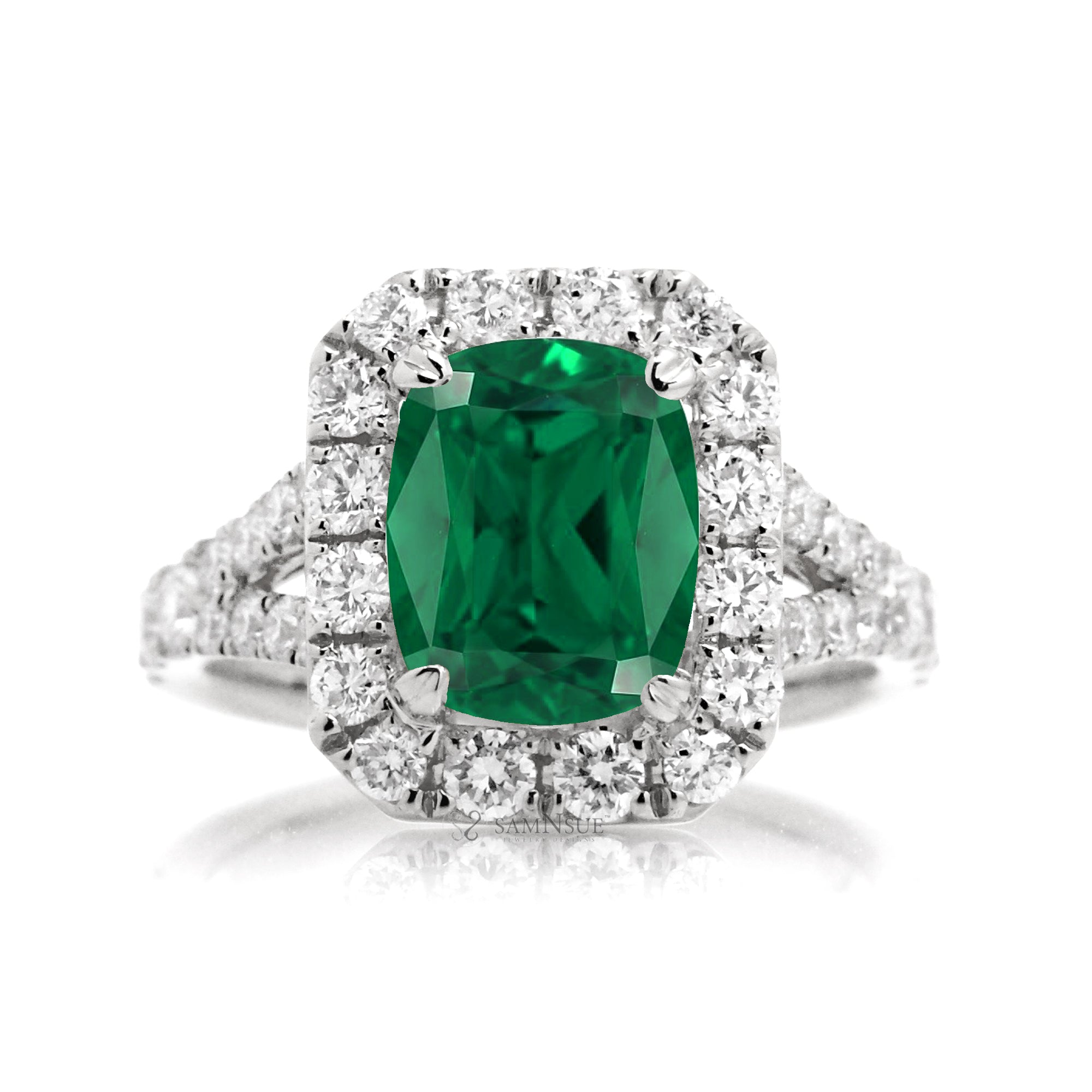 Emerald Halo Engagement Ring with Split Shank – The Meghan in White Gold