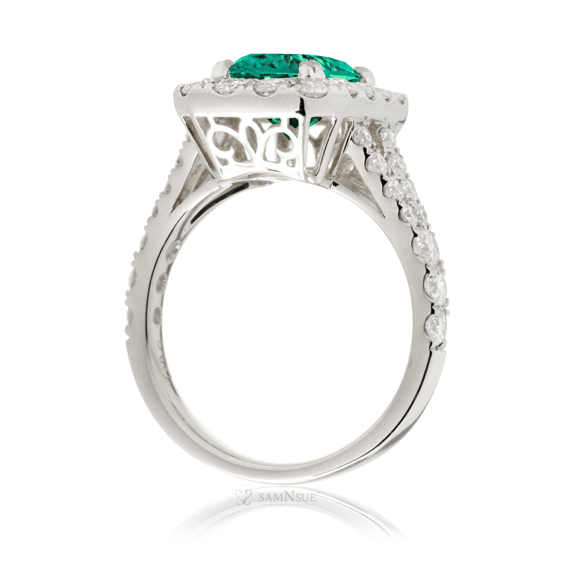 Emerald Halo Engagement Ring with Split Shank – The Meghan in White Gold