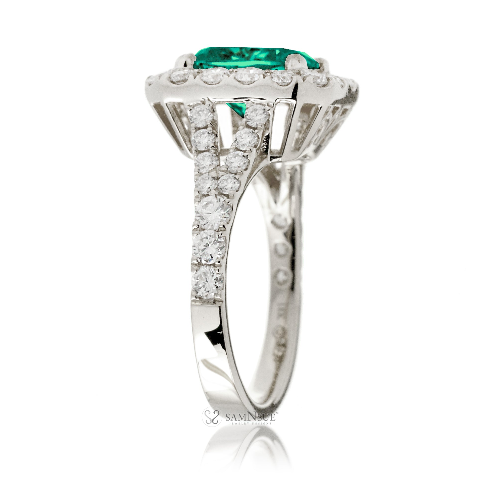 Emerald Halo Engagement Ring with Split Shank – The Meghan in White Gold