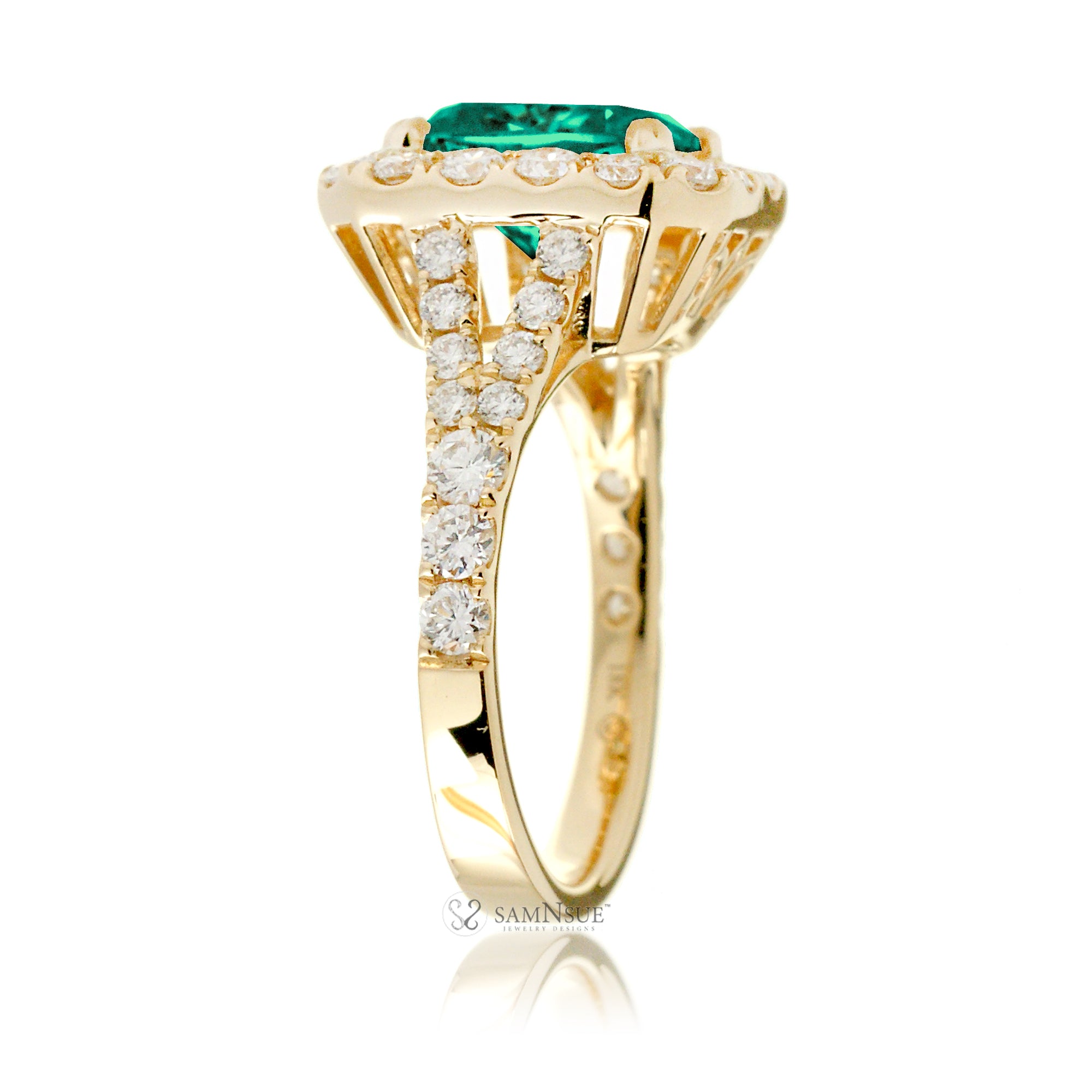 Emerald Halo Engagement Ring with Split Shank – The Meghan in Yellow Gold