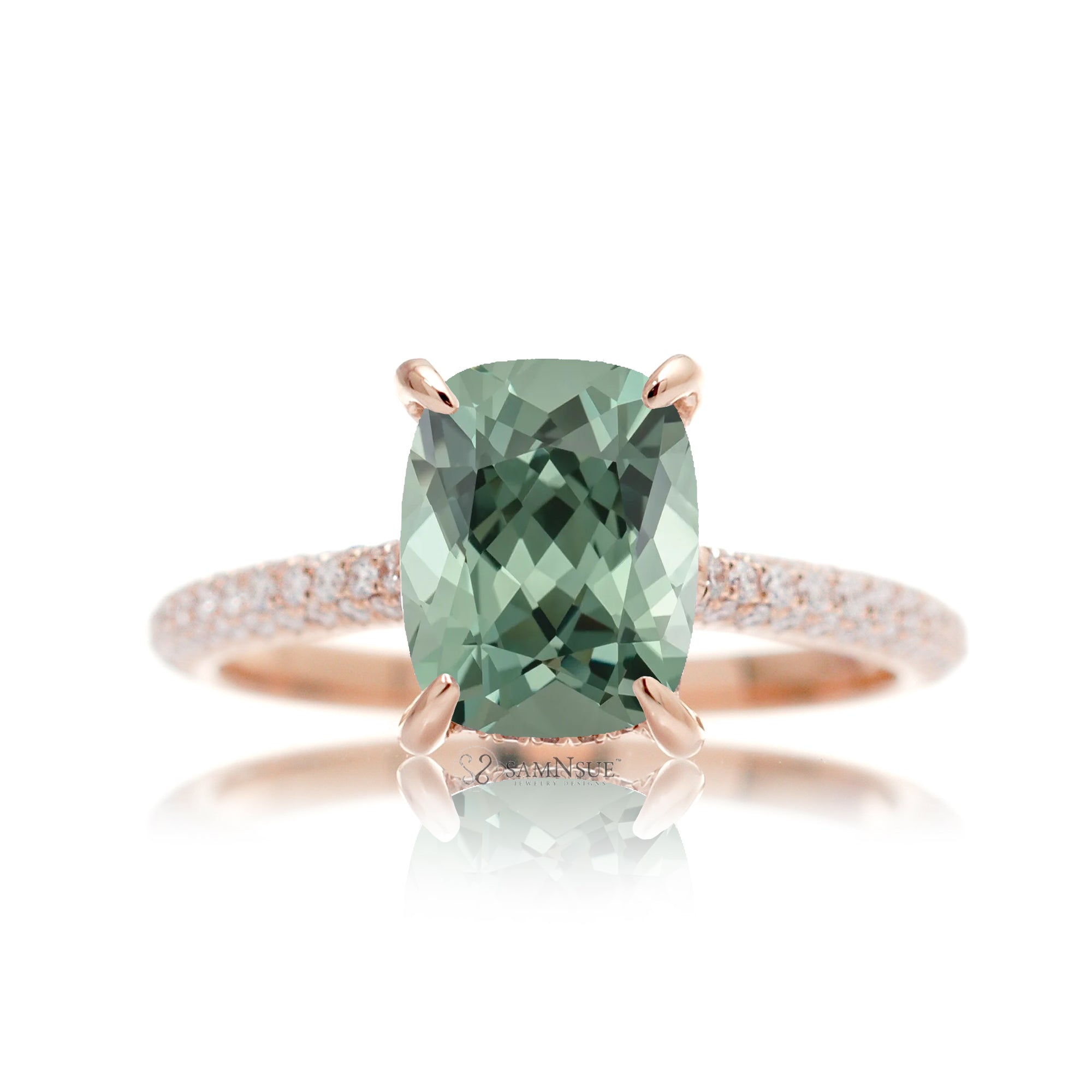 Cushion-Cut Green Sapphire Ring with Diamond Triple Row Band
