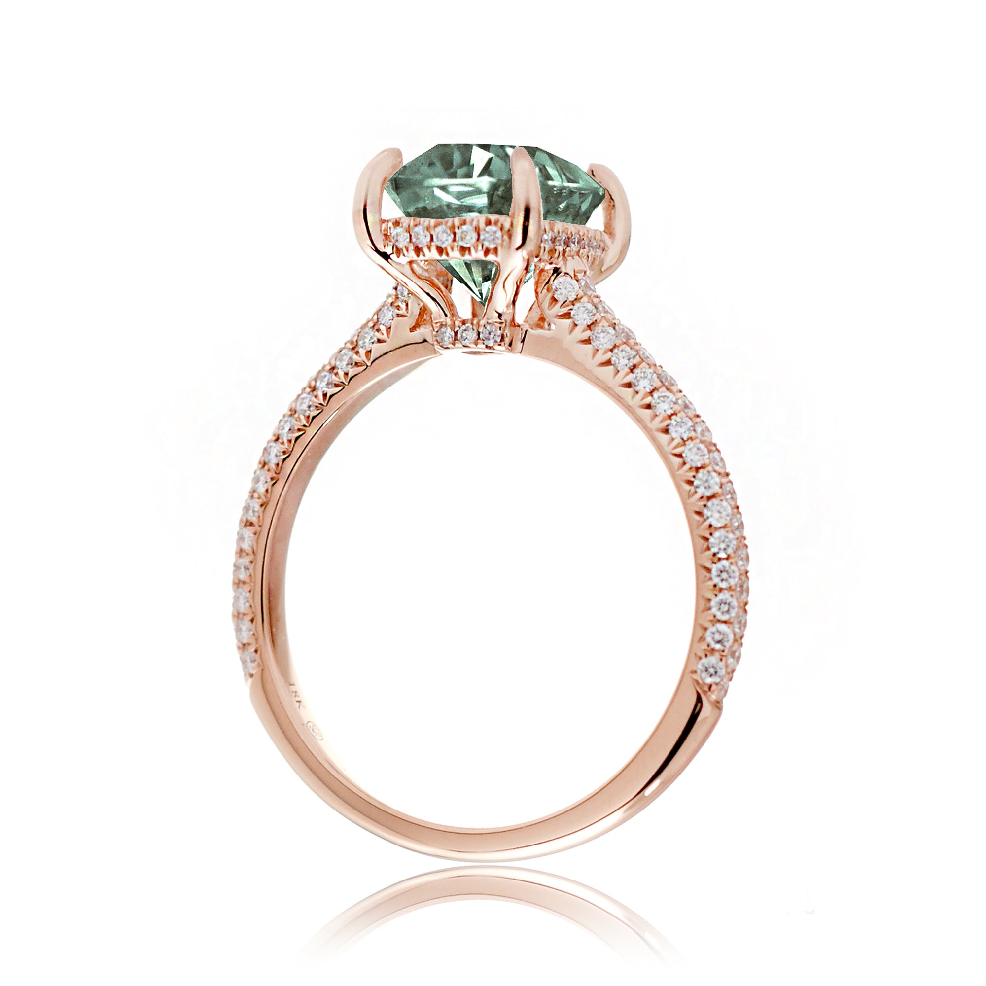 Cushion-Cut Green Sapphire Ring with Diamond Triple Row Band