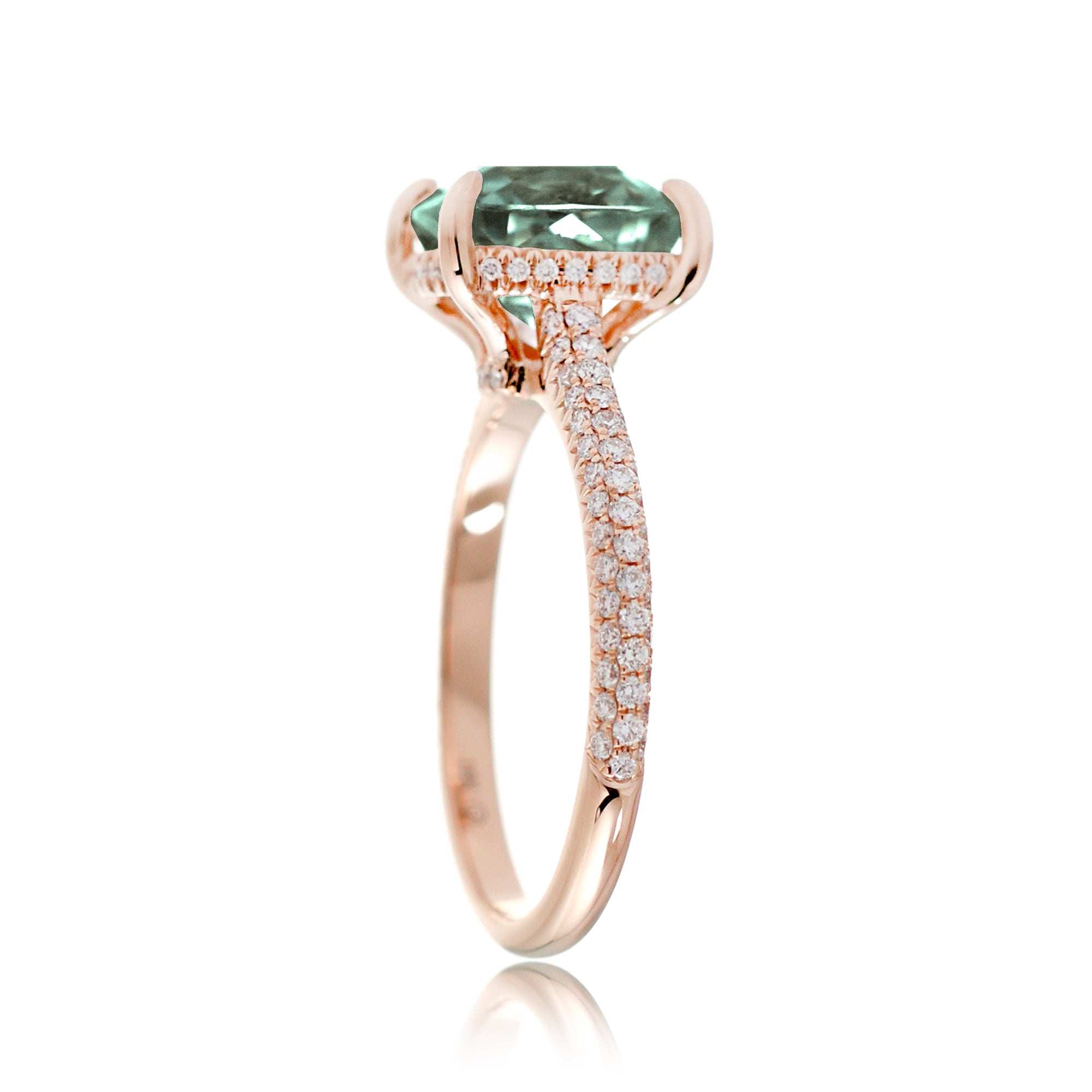 Cushion-Cut Green Sapphire Ring with Diamond Triple Row Band