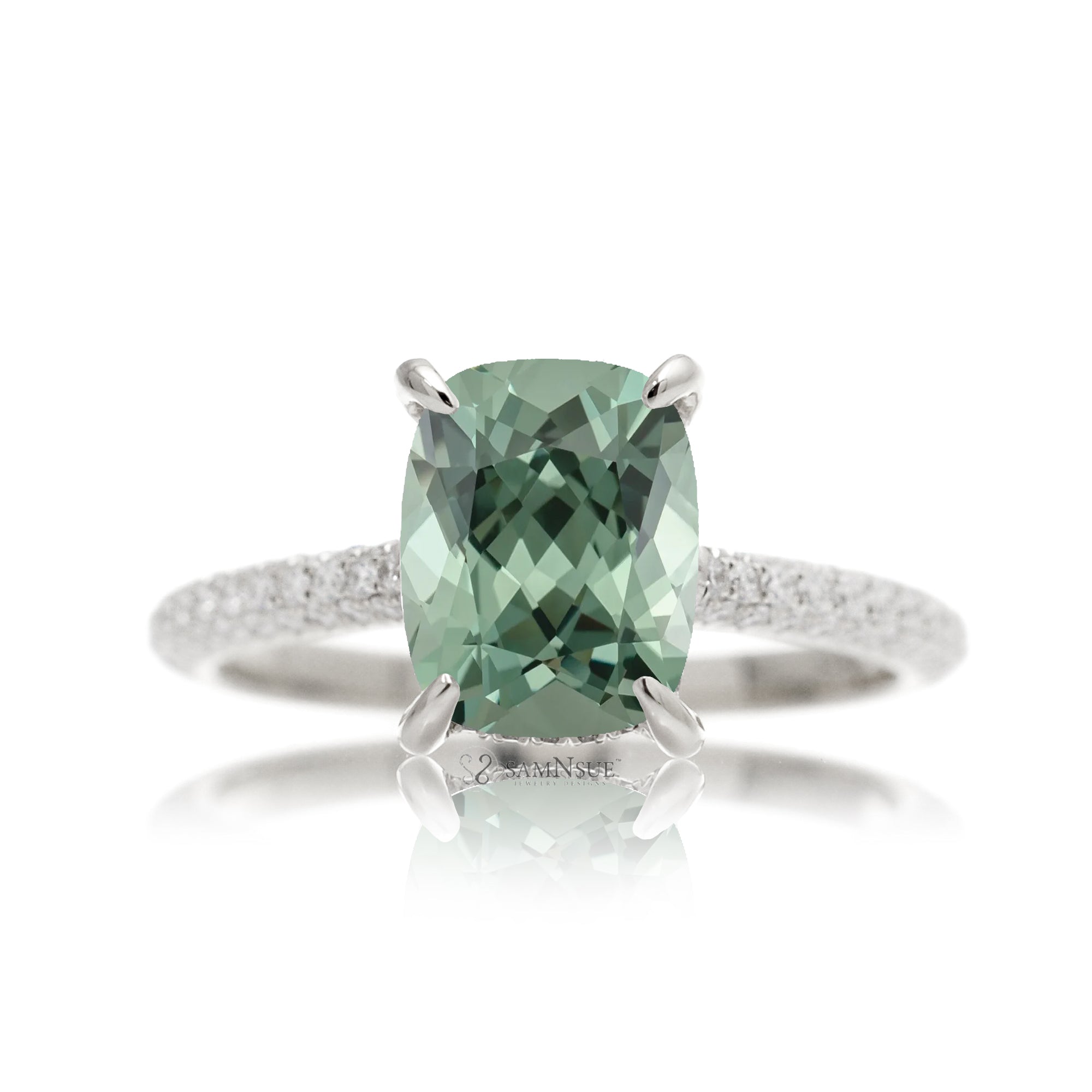 Green Sapphire Engagement Ring with Cushion Center and Diamond Details