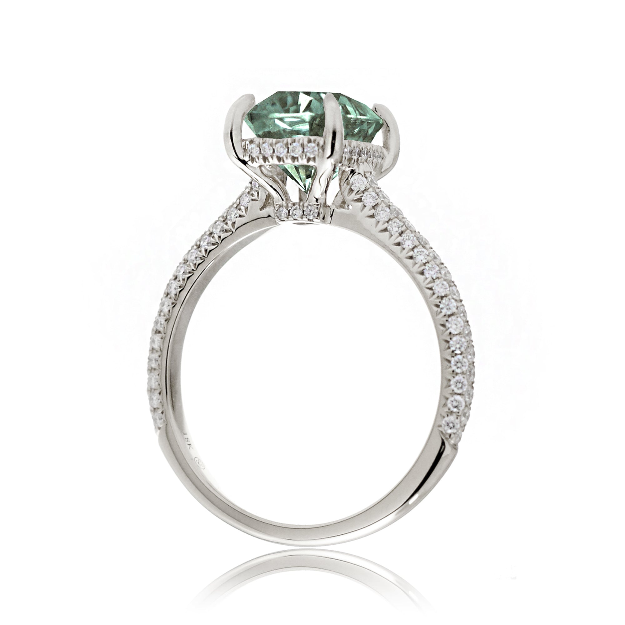 Green Sapphire Engagement Ring with Cushion Center and Diamond Details