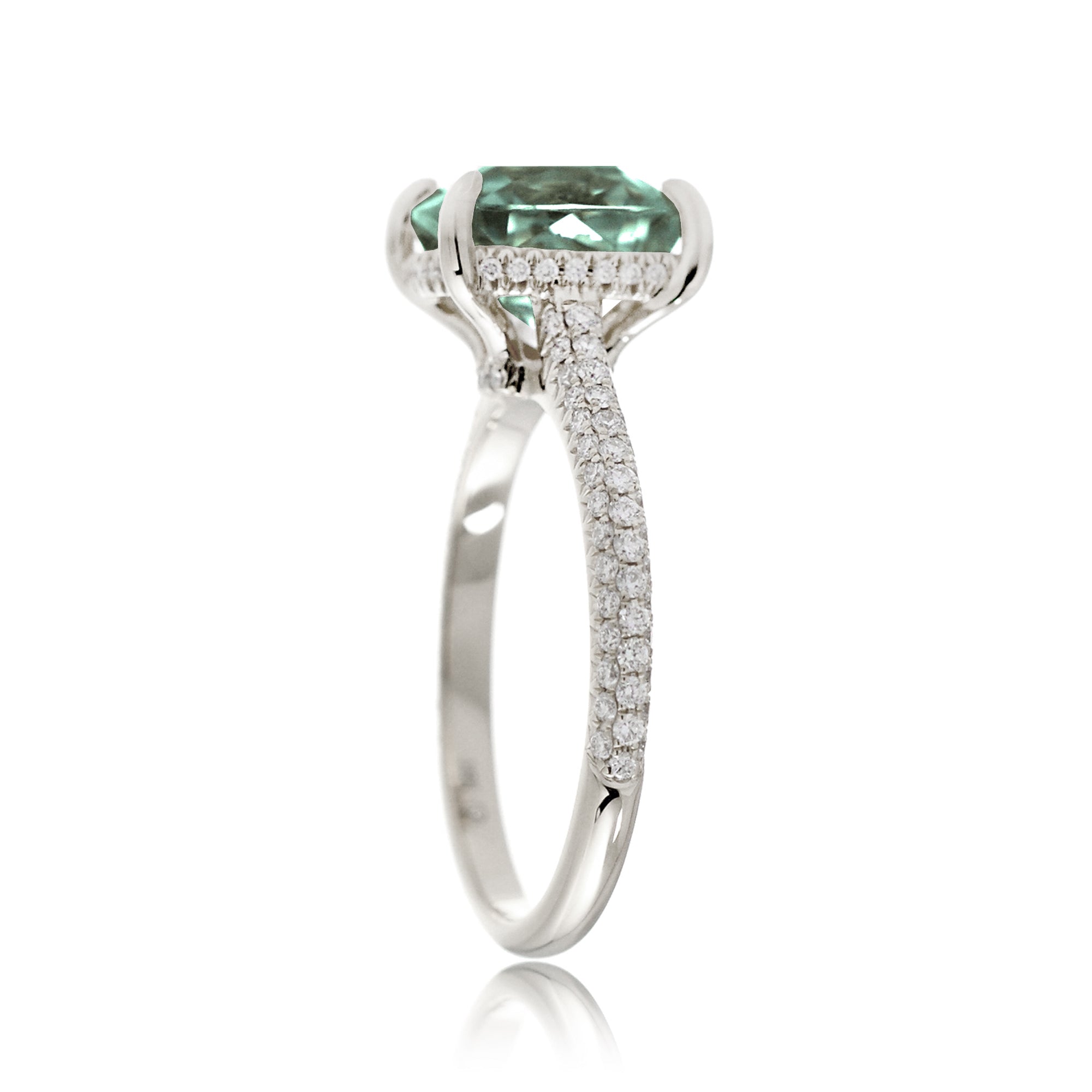 Green Sapphire Engagement Ring with Cushion Center and Diamond Details