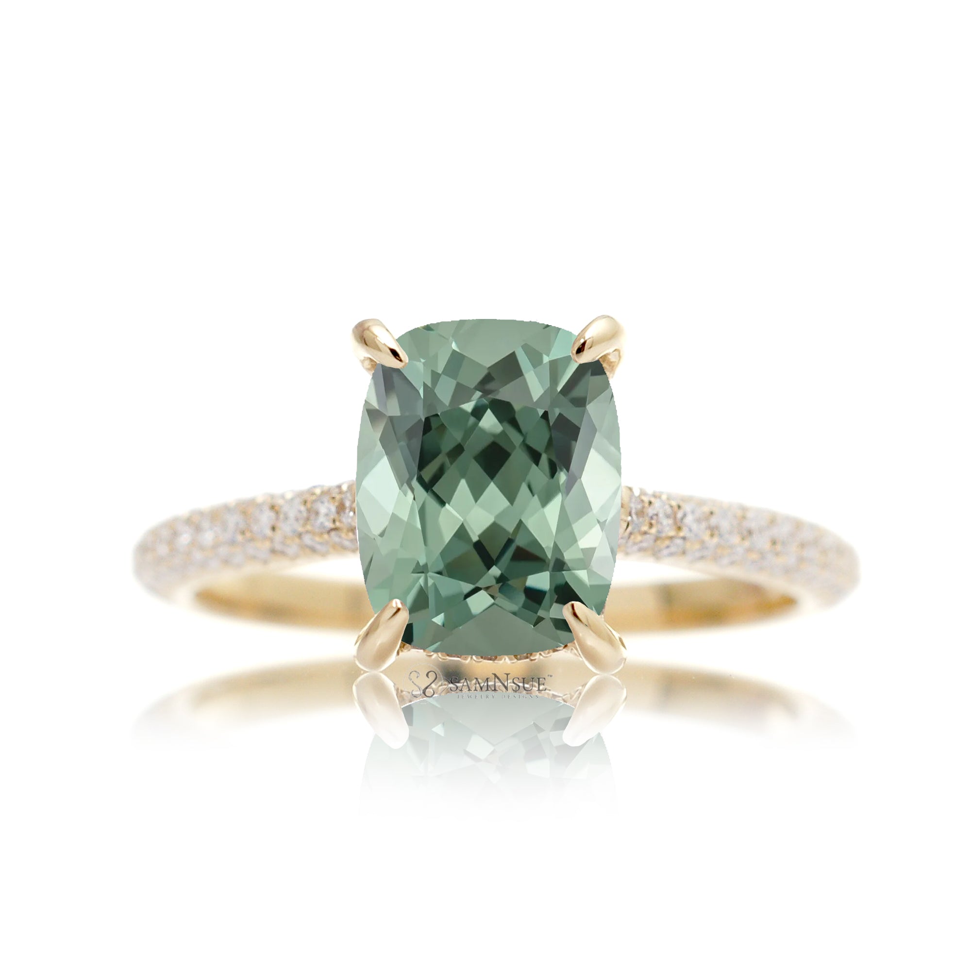 Elegant Green Sapphire Cushion Ring with Hidden Diamond Accents