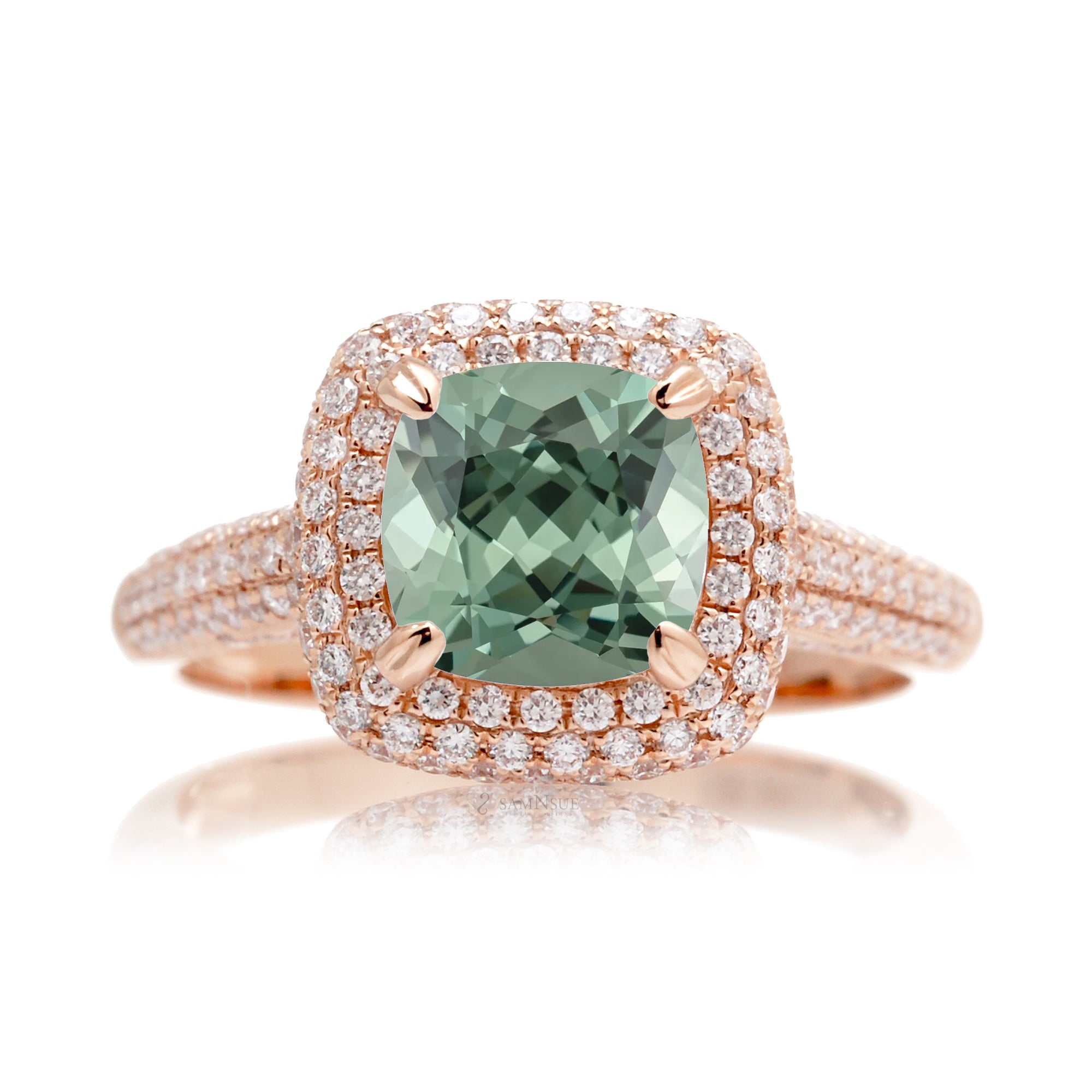 Cushion cut green sapphire diamond micro-pavé halo and band ring rose gold