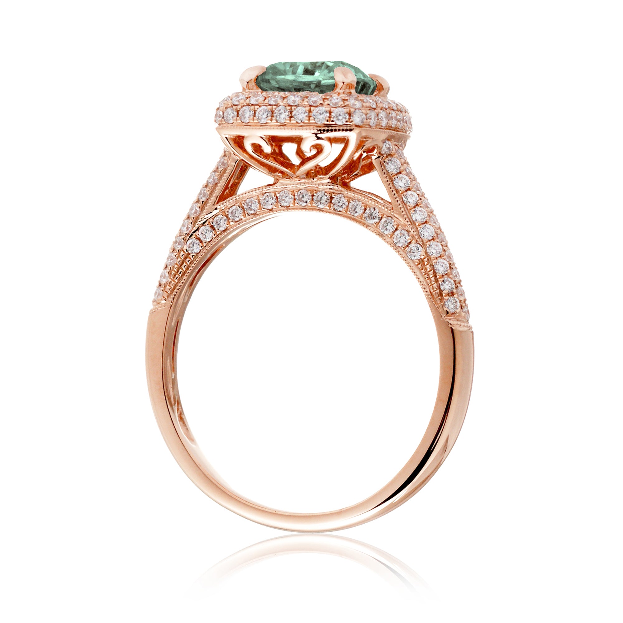 Cushion cut green sapphire diamond micro-pavé halo and band ring rose gold