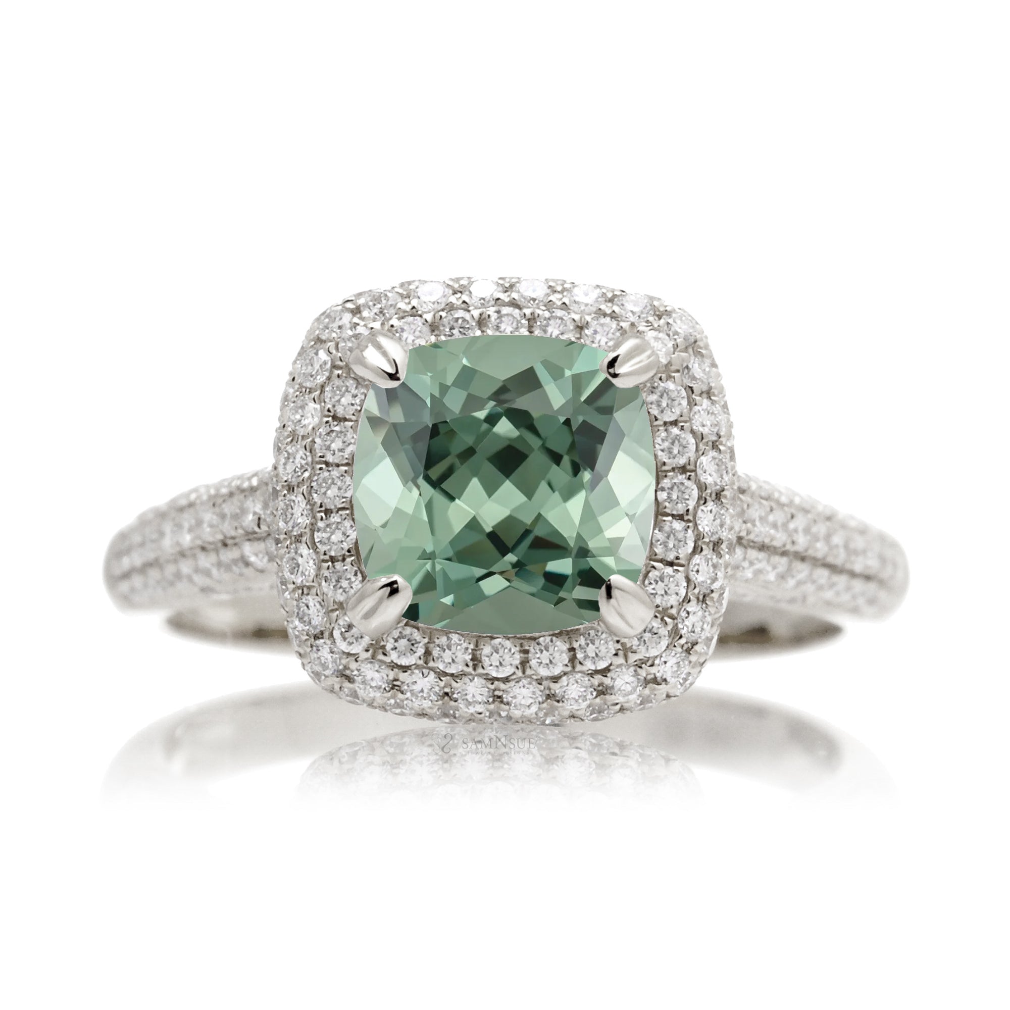Cushion cut green sapphire diamond micro-pavé halo and band ring white gold
