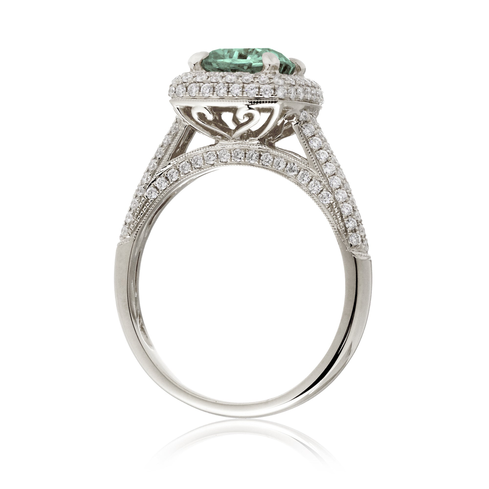 Cushion cut green sapphire diamond micro-pavé halo and band ring white gold