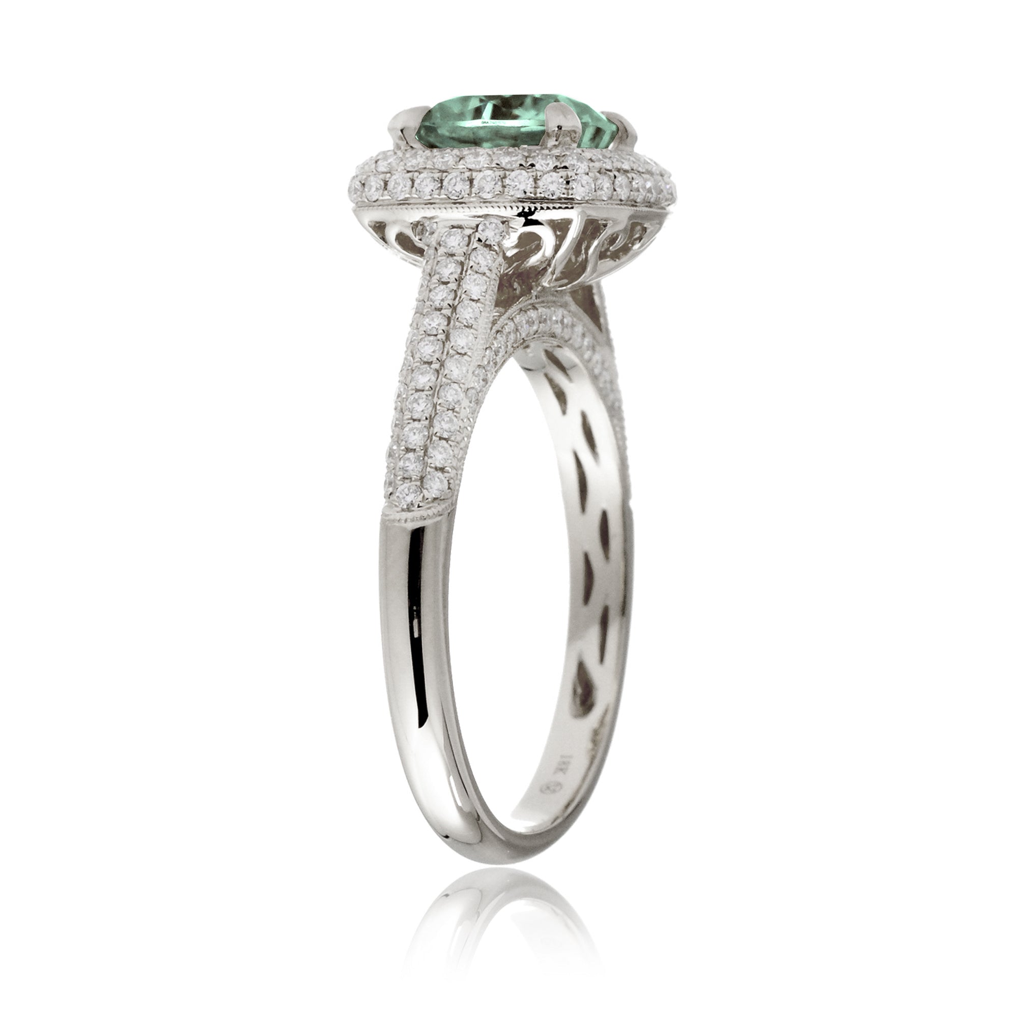 Cushion cut green sapphire diamond micro-pavé halo and band ring white gold