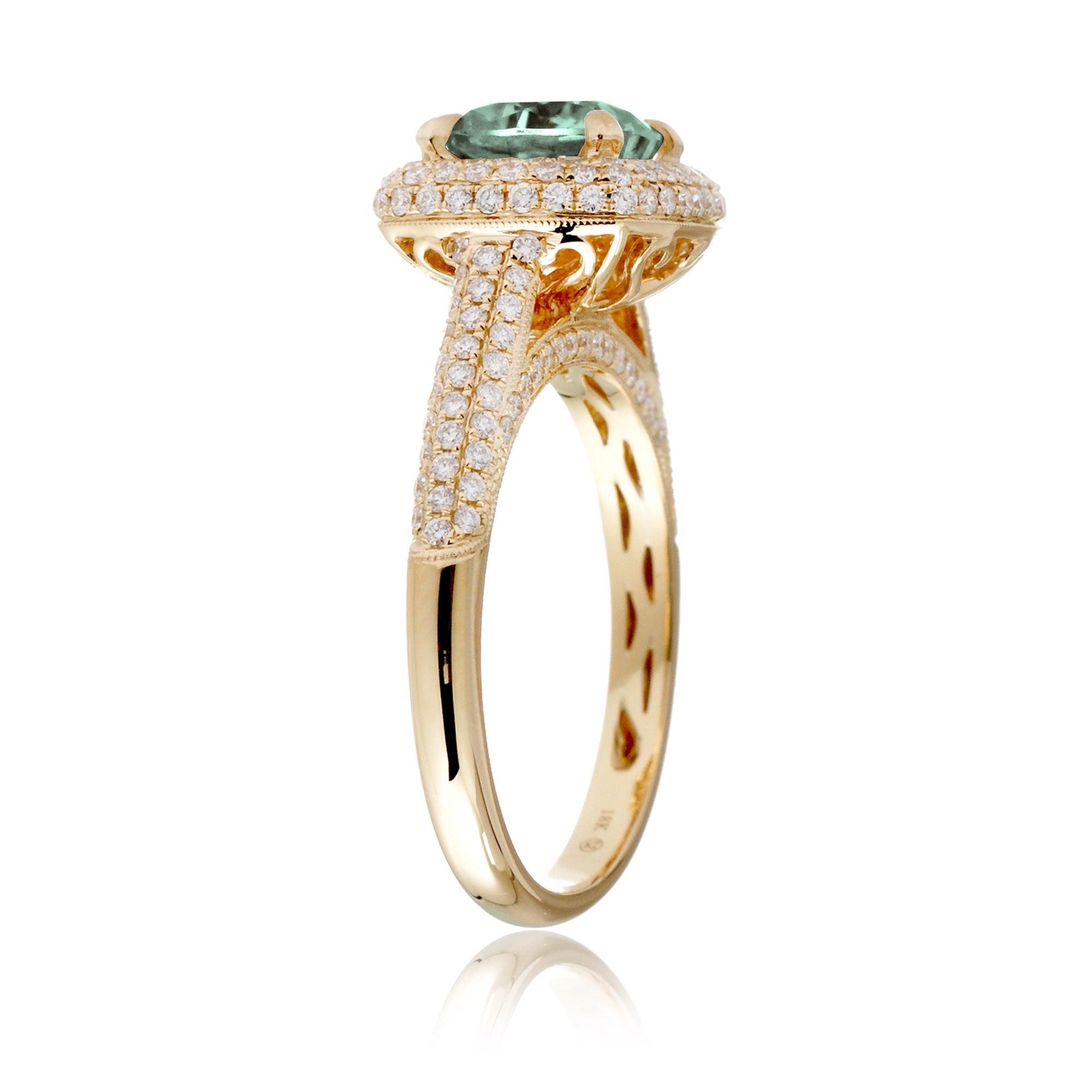 Cushion cut green sapphire diamond micro-pavé halo and band ring yellow gold