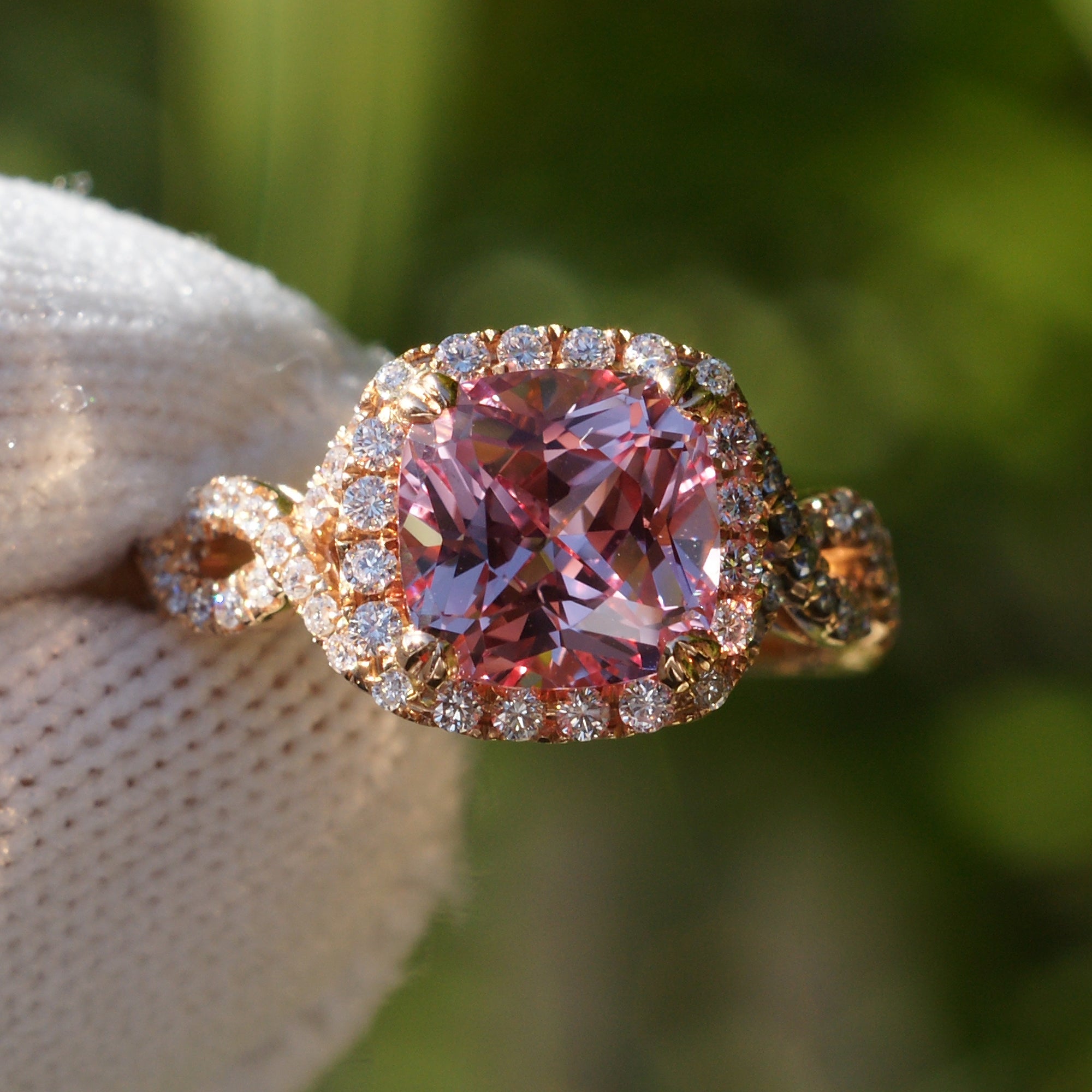 The Shelly Cushion Pink Lab Sapphire Ring (8x8)