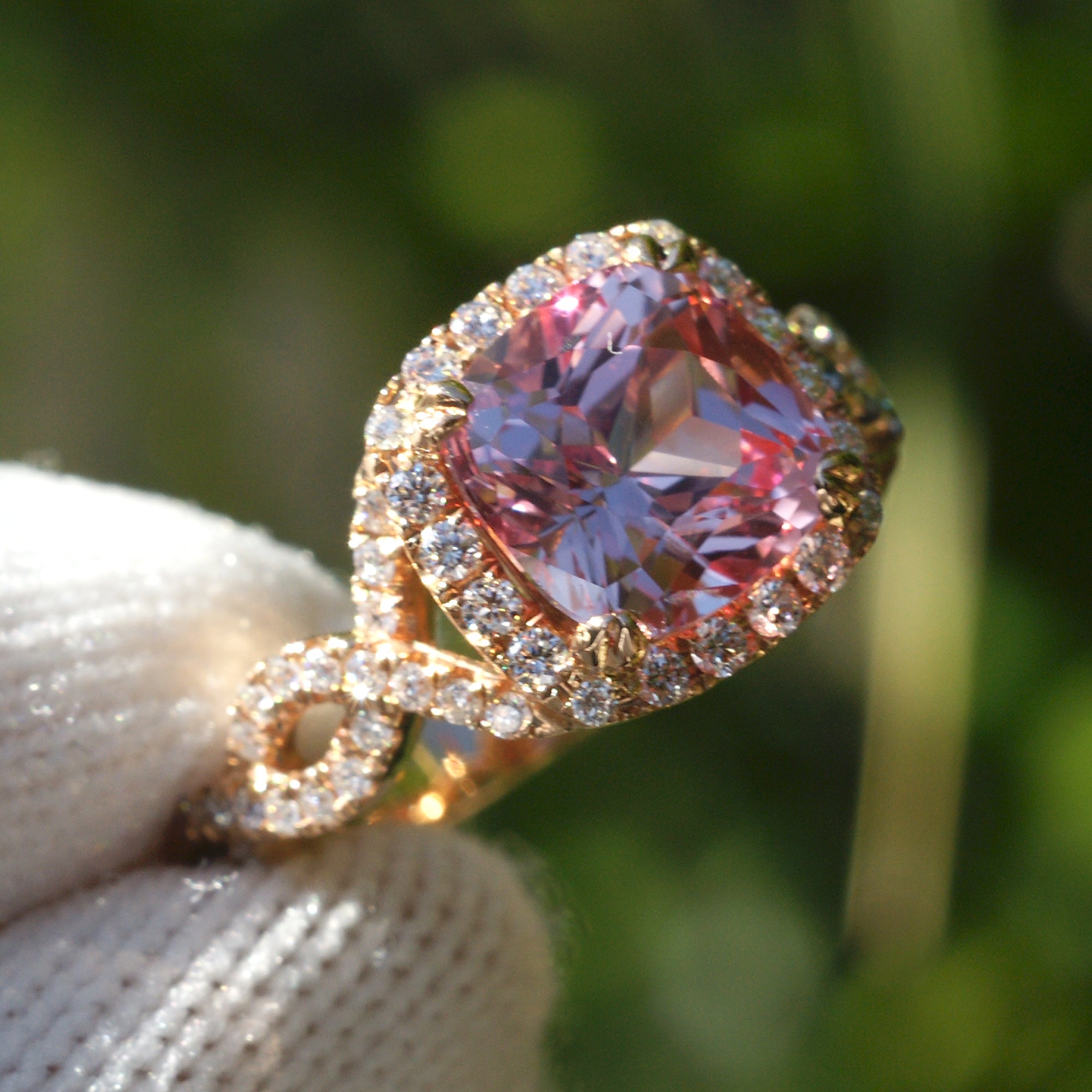 The Shelly Cushion Pink Lab Sapphire Ring (8x8)