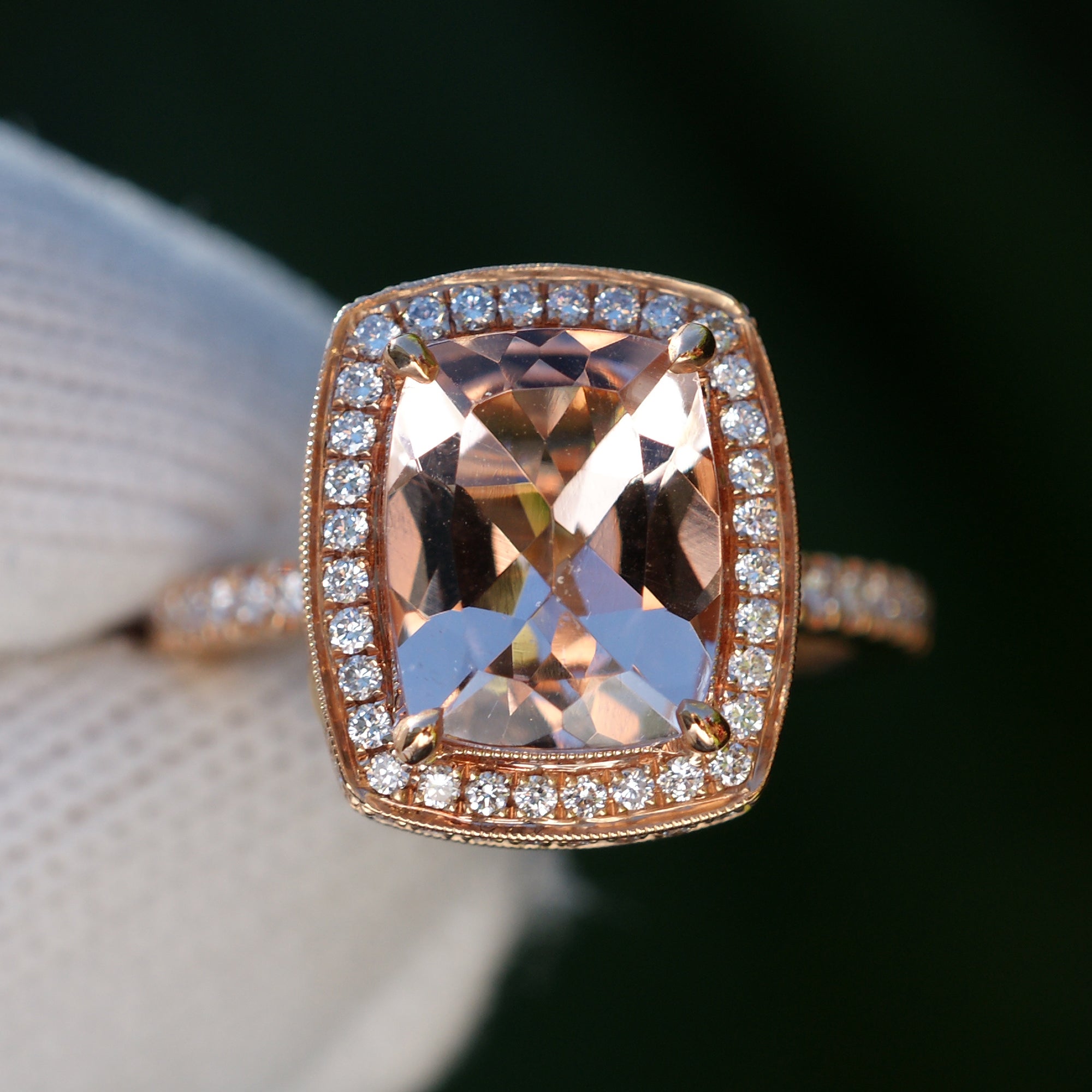 Morganite engagement ring in rose gold vintage style setting