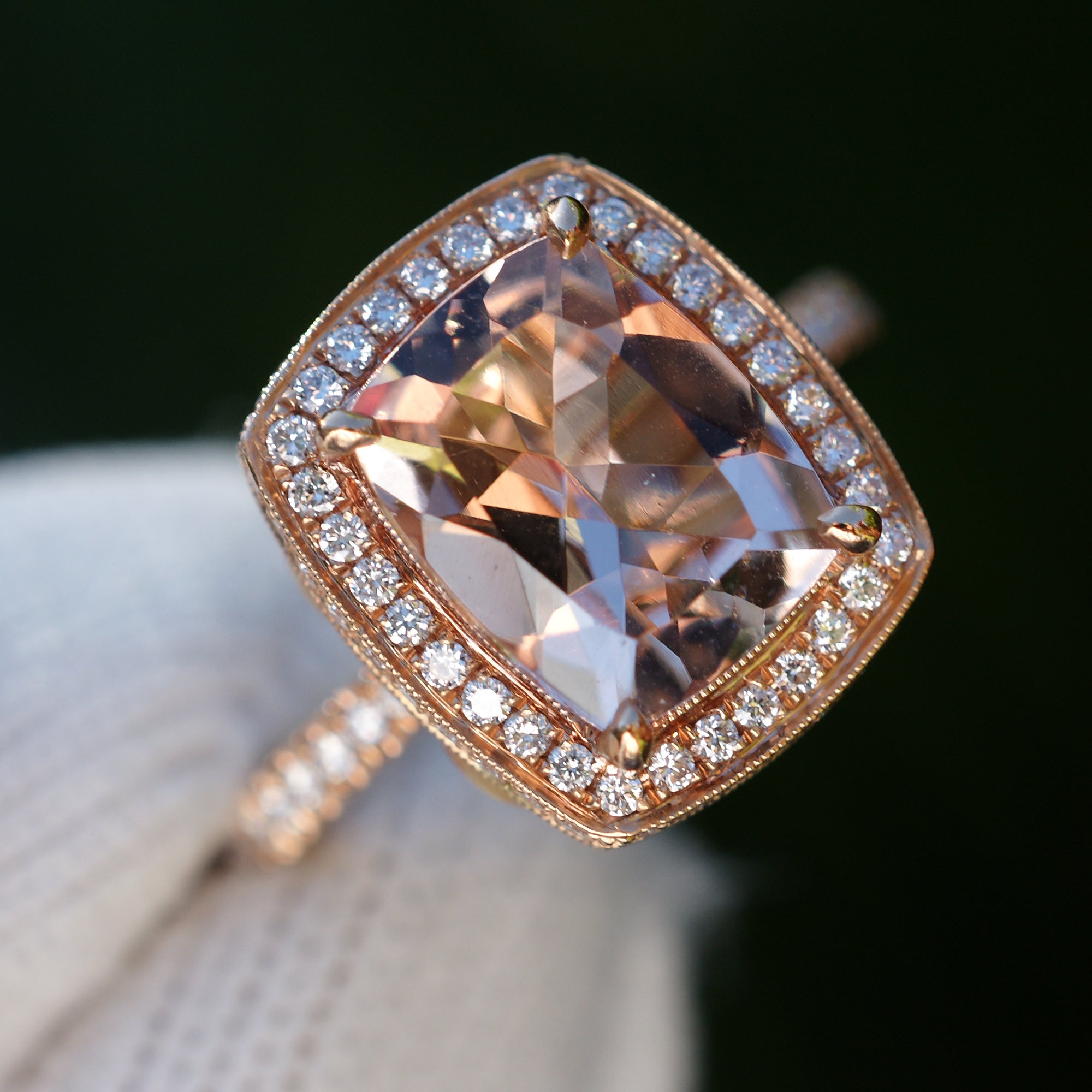 Morganite engagement ring in rose gold vintage style setting