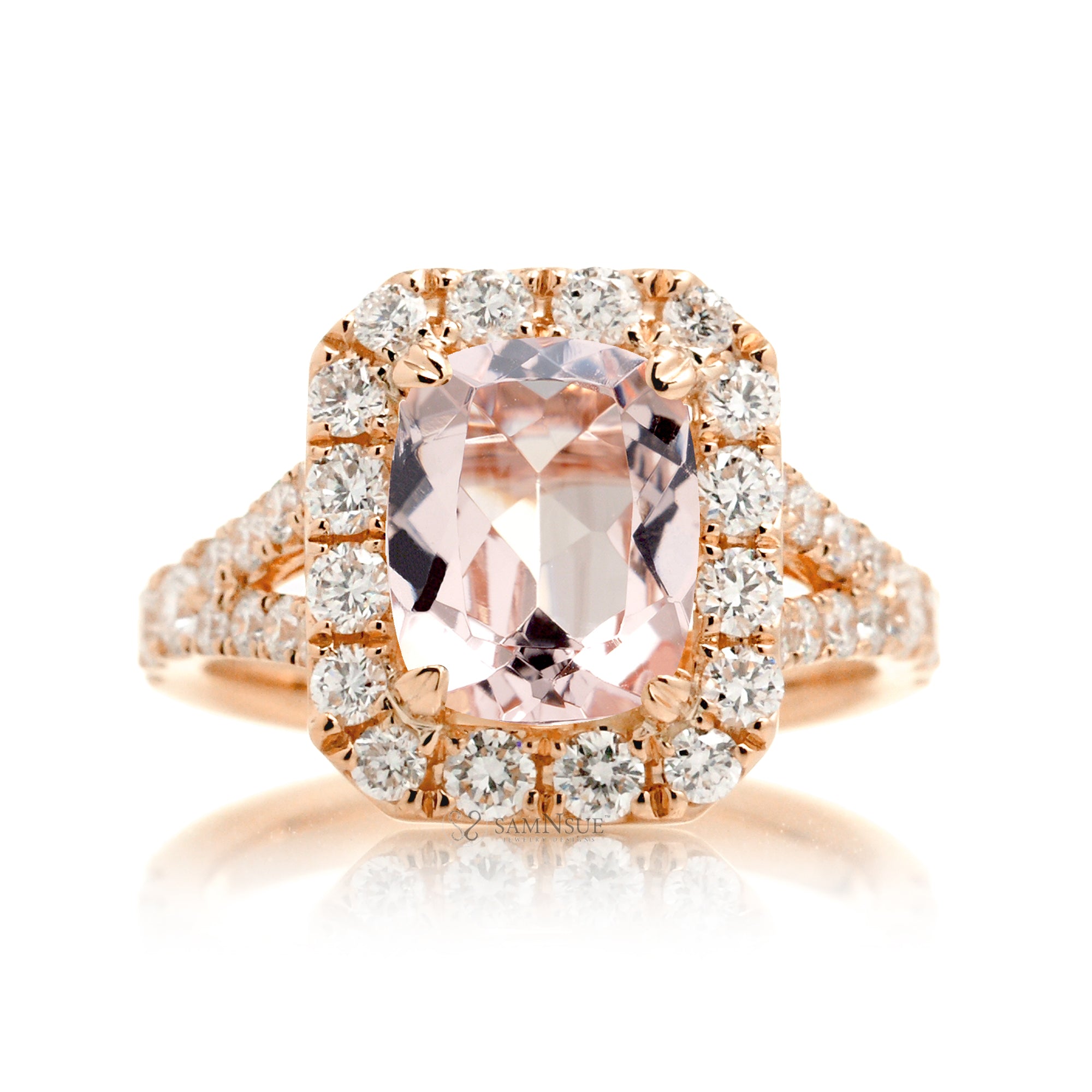 Romantic Morganite Engagement Ring with Cushion Cut and Split Diamond Band – The Meghan in Rose Gold