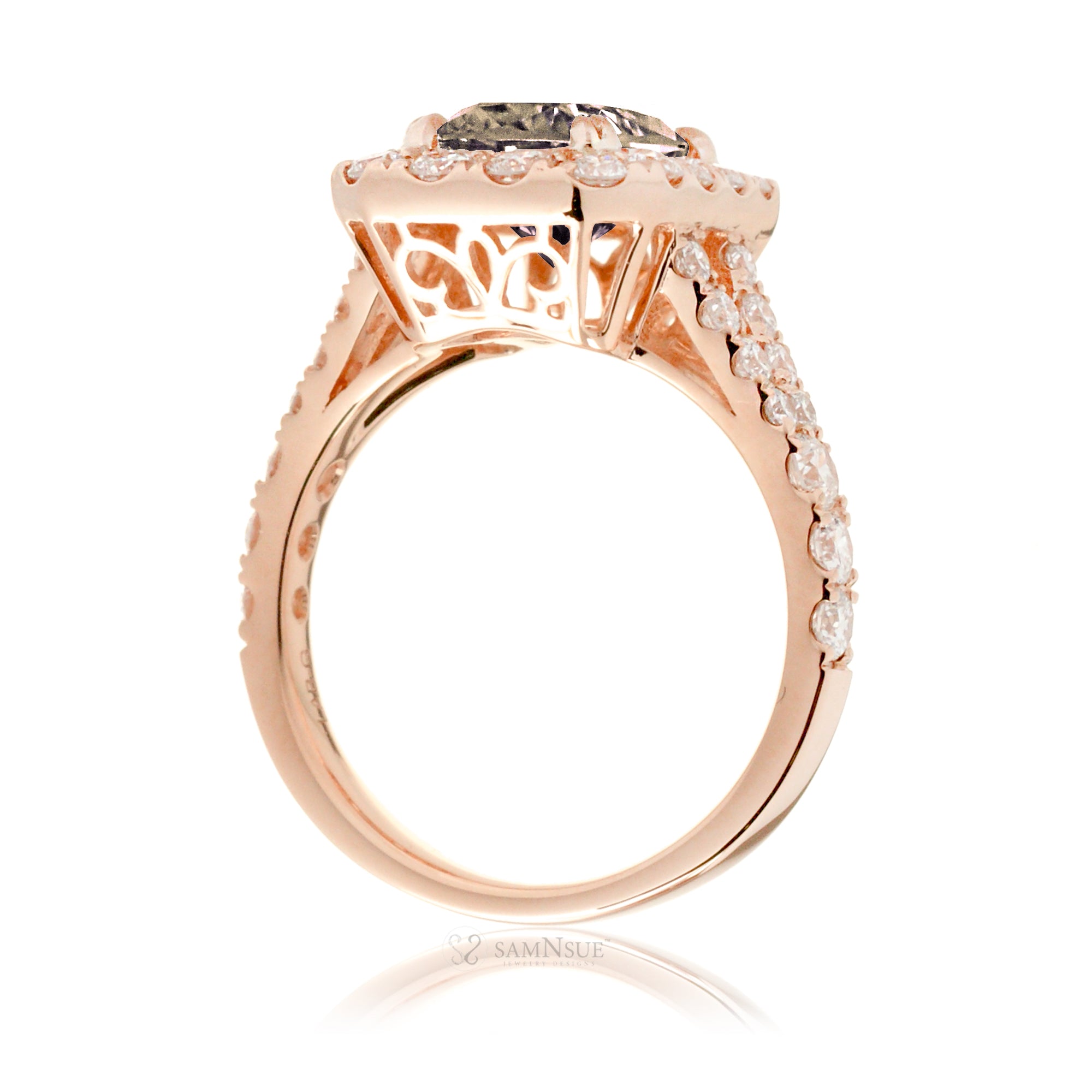 Romantic Morganite Engagement Ring with Cushion Cut and Split Diamond Band – The Meghan in Rose Gold