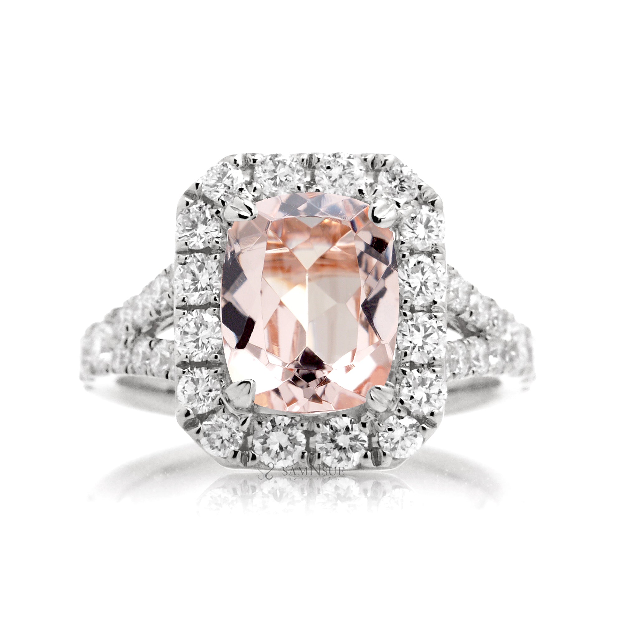 Romantic Morganite Engagement Ring with Cushion Cut and Split Diamond Band – The Meghan in White Gold
