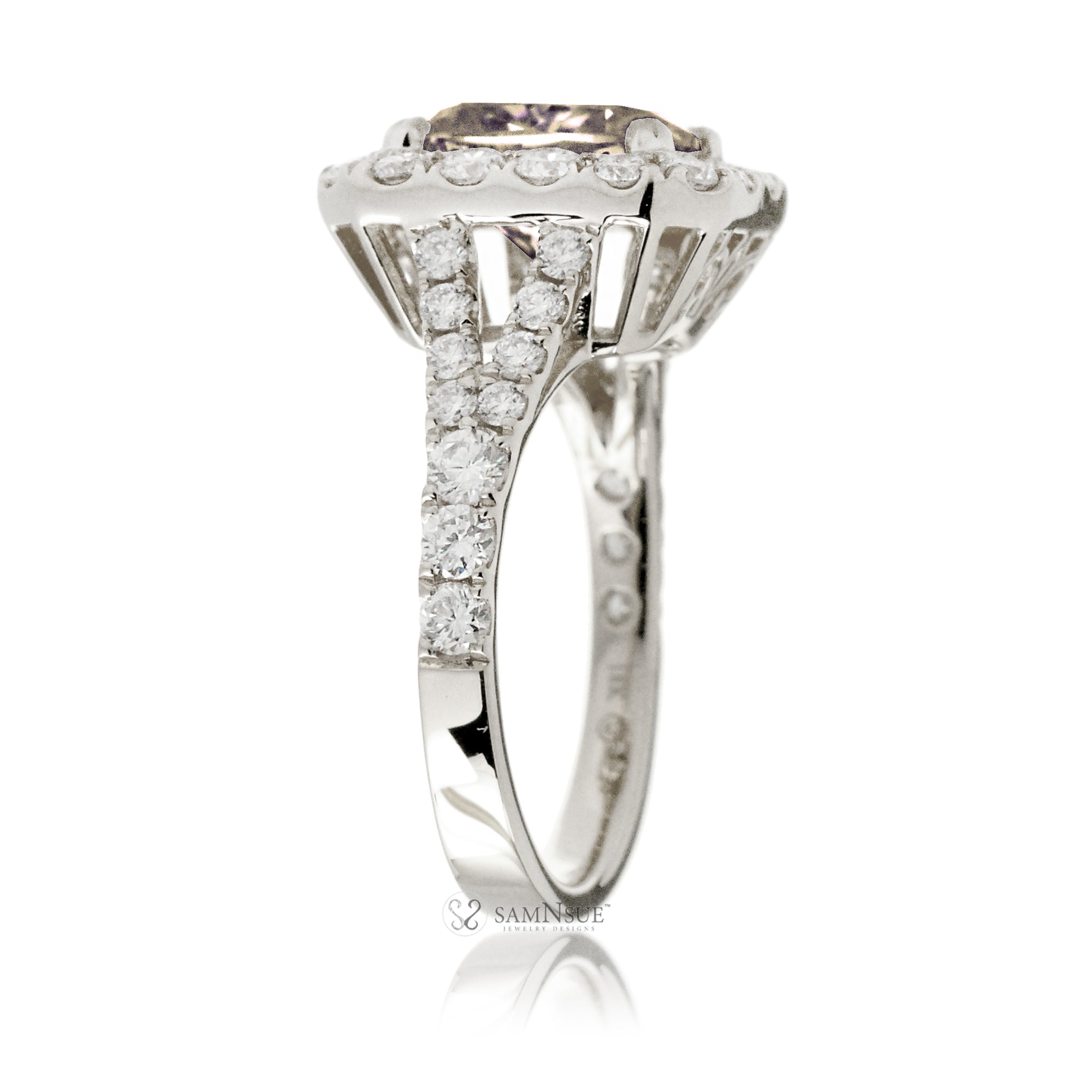 Romantic Morganite Engagement Ring with Cushion Cut and Split Diamond Band – The Meghan in White Gold