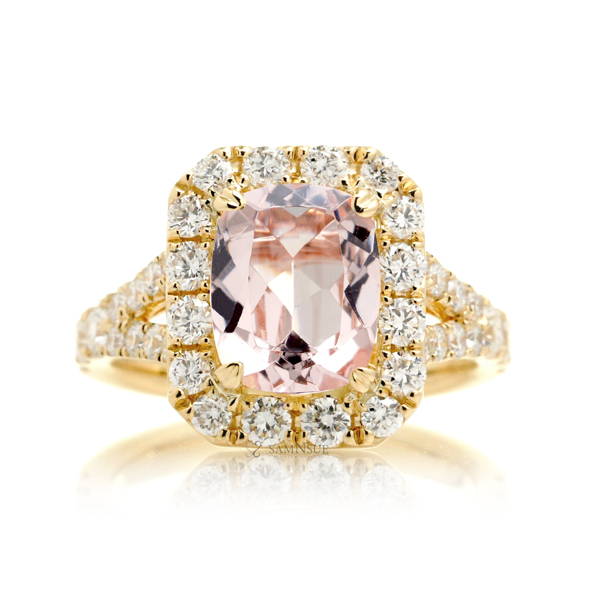 Romantic Morganite Engagement Ring with Cushion Cut and Split Diamond Band – The Meghan in Yellow Gold