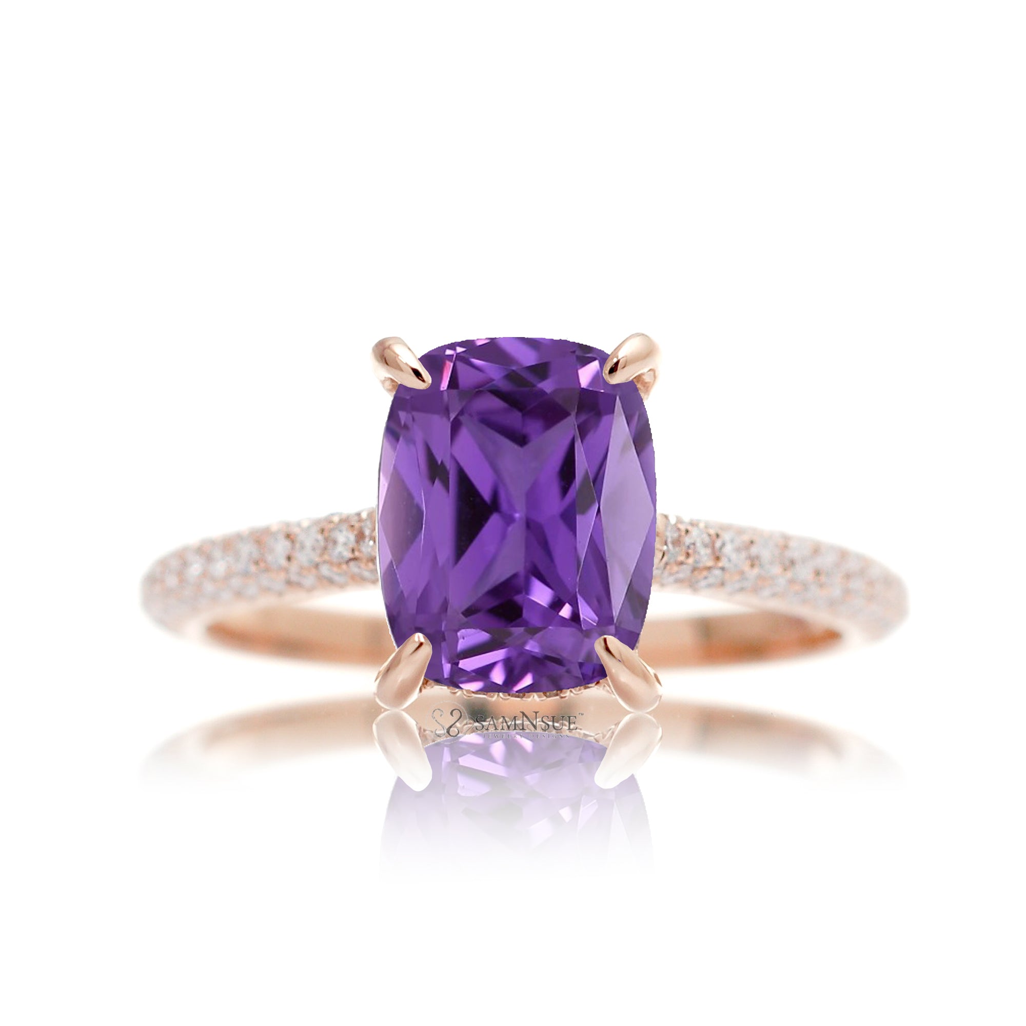 Purple Sapphire or Amethyst Ring with Cushion Cut and Diamond Accents