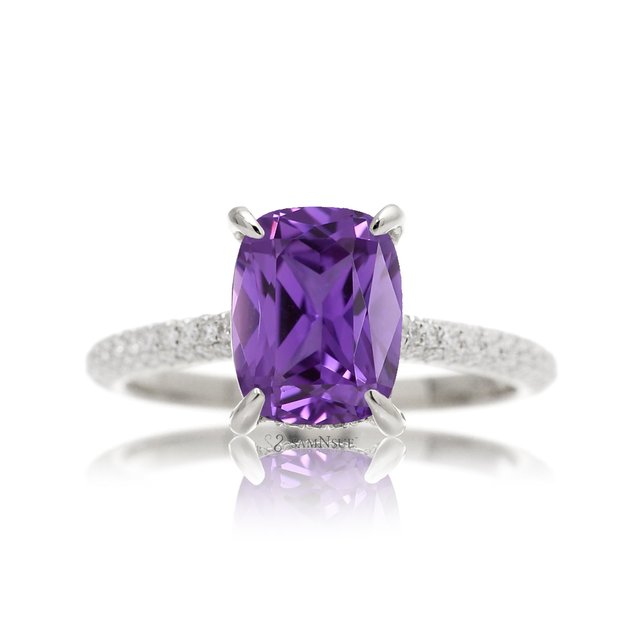 Elegant Cushion Purple Gemstone Ring with Diamond Pavé Band
