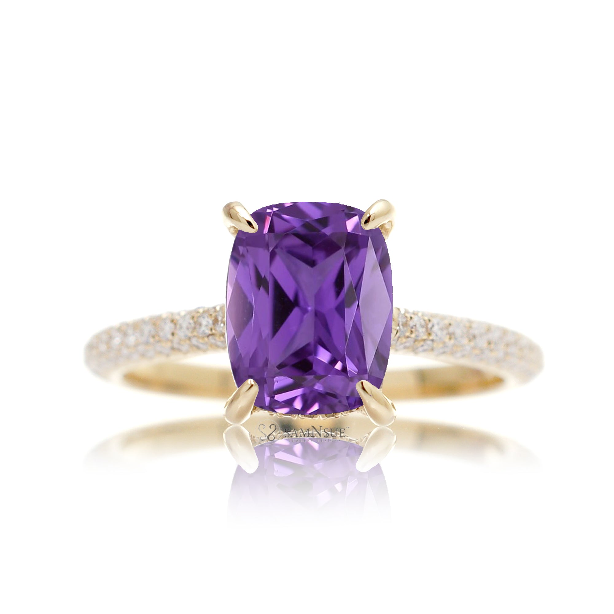 Cushion-Cut Amethyst Engagement Ring with Triple Diamond Band