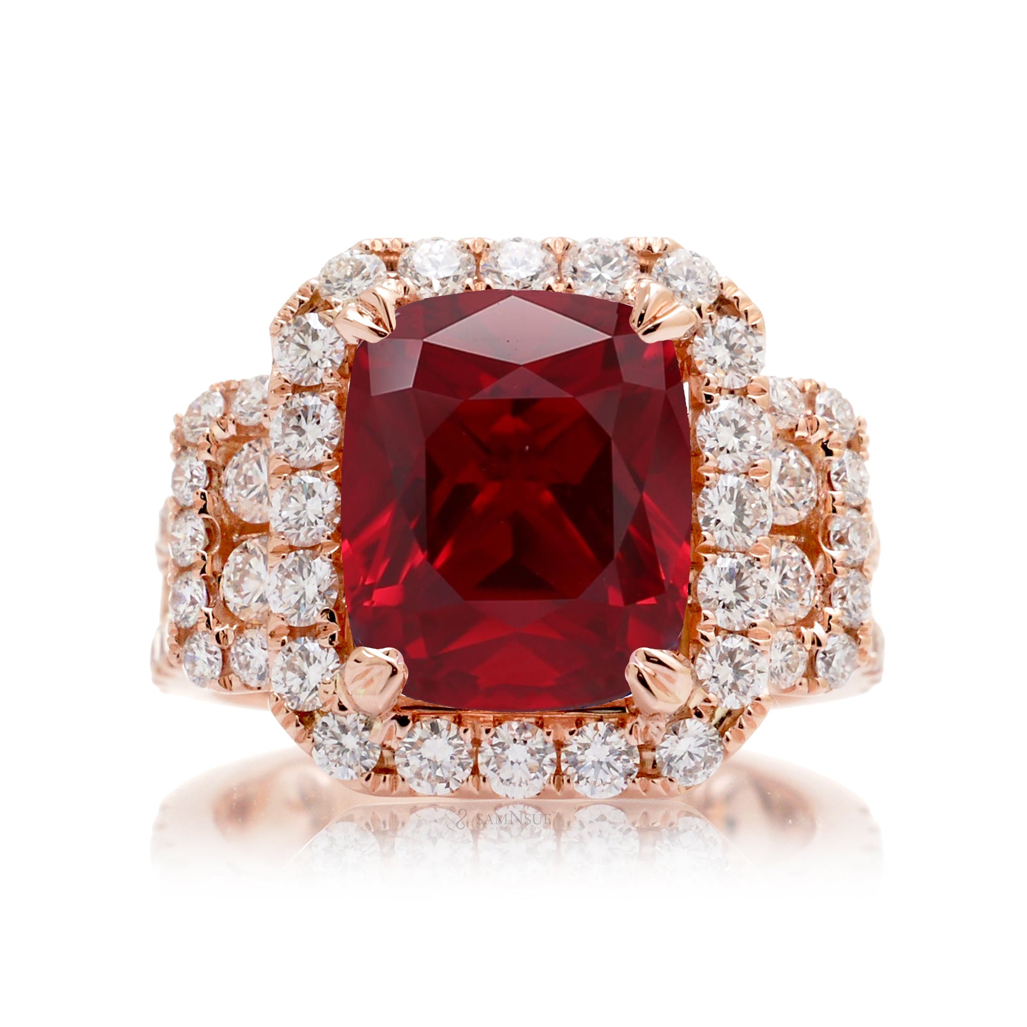 Rose Gold Ruby and Diamond Cushion Cut Halo Ring for Women