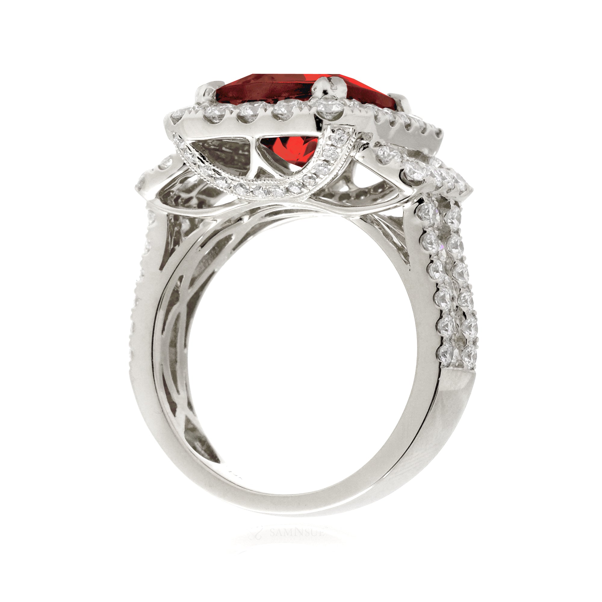 White Gold Cushion Ruby Engagement Ring with Diamond Accents