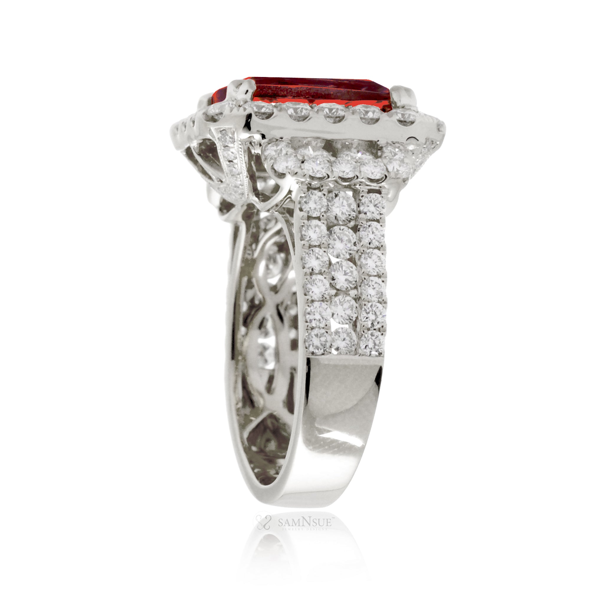 White Gold Cushion Ruby Engagement Ring with Diamond Accents