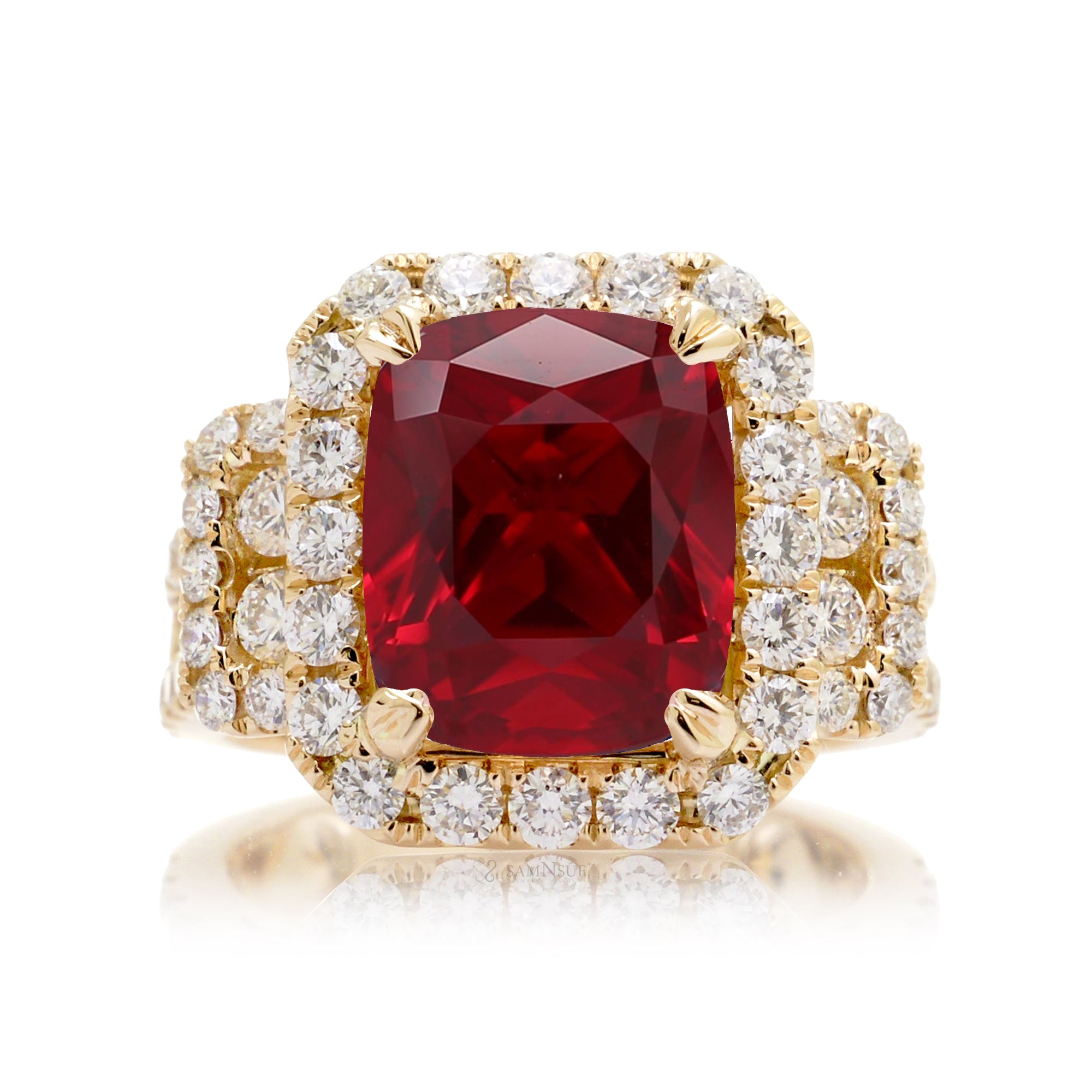 Yellow Gold Triple Row Diamond Band Ring with Ruby Center